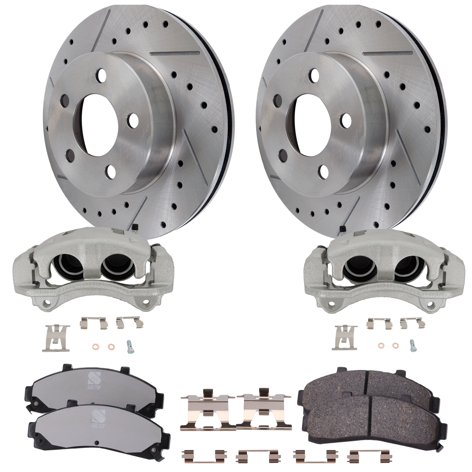 AM EXPLORER 95-01 RANGER 98-02 FRONT BRAKE KIT WITH CALIPERS 2 Wheel Set Includes 2 Brake Caliper 2 Brake Disc and 1 Brake Pad Set Cross drilled and Slotted Semi Metallic SKU KIT 062125-56 OEM F5TZ1125A 3765157-3903349-2L5Z
