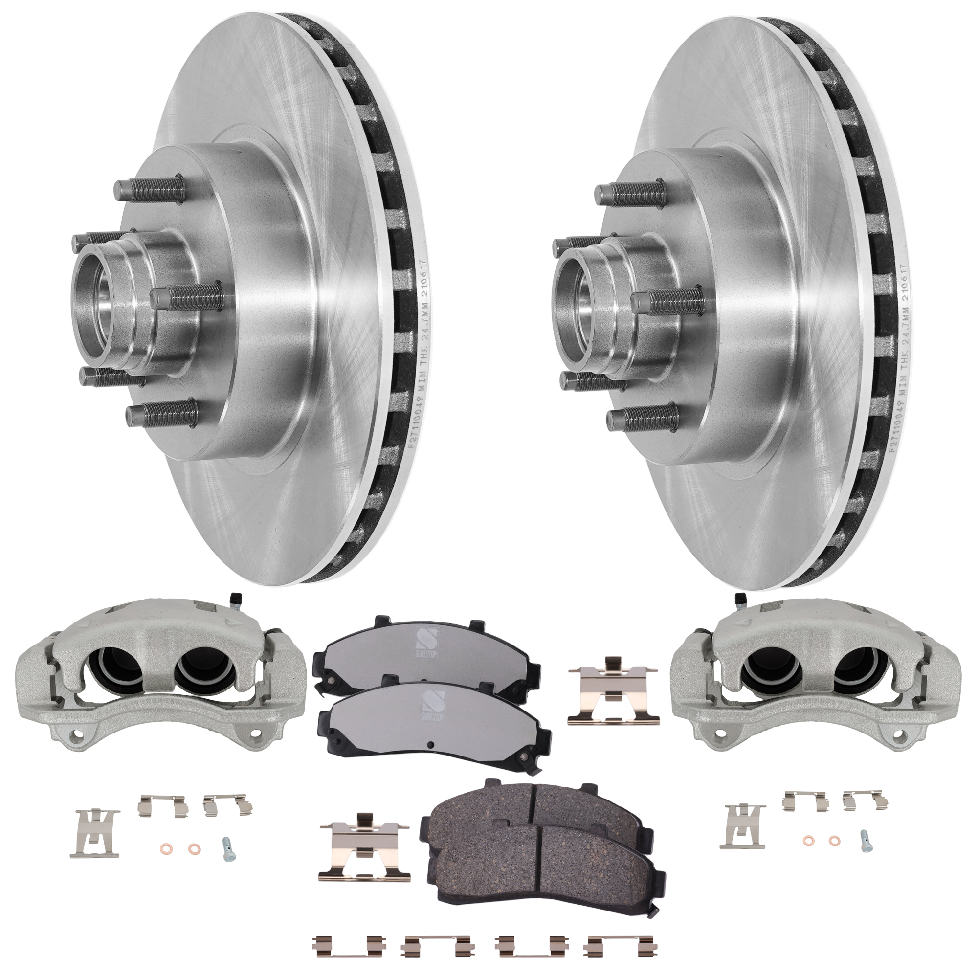 AM EXPLORER 95-01 RANGER 98-02 FRONT BRAKE KIT WITH CALIPERS 2 Wheel Set Includes 2 Brake Caliper 2 Brake Disc and 1 Brake Pad Set Plain Surface 5 Lugs Cast Iron Semi Metallic SKU KIT 062125-57 OEM F5TZ1102H F6TZ1102GA 4L5Z1102B