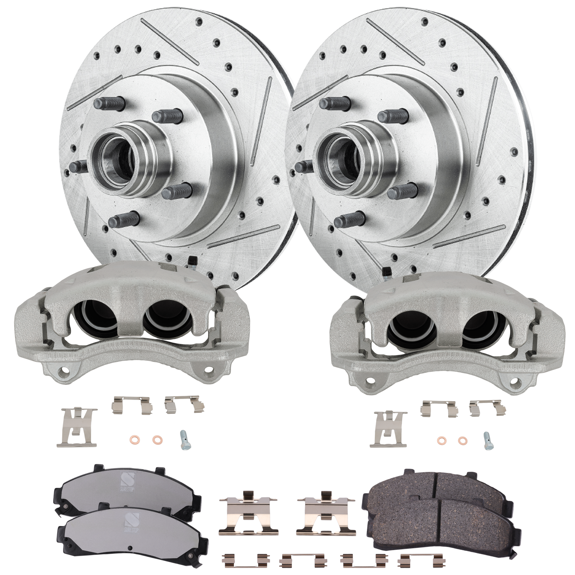 AM EXPLORER 95-01 RANGER 98-02 FRONT BRAKE KIT WITH CALIPERS 2 Wheel Set Includes 2 Brake Caliper 2 Brake Disc and 1 Brake Pad Set Cross drilled and Slotted 5 Lugs Semi Metallic SKU KIT 062125-58 OEM 19360-19852-27075-42273-54029