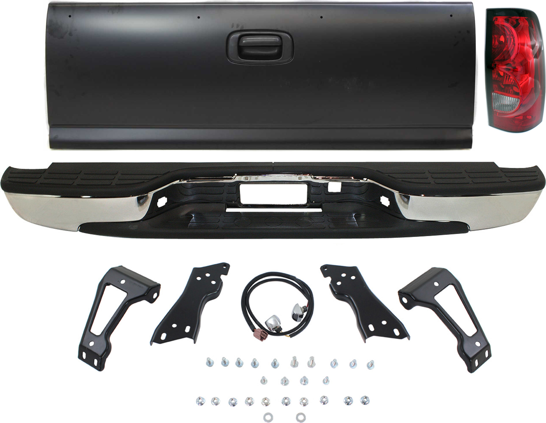 AM SILVERADO 1500-04-07 TAILGATE 3 pc Kit with Step Bumper and Tail Light SKU KIT 062317-44 Partslink GM1900124 GM1103122 OEM 15231877 PFM 12496085-19169005