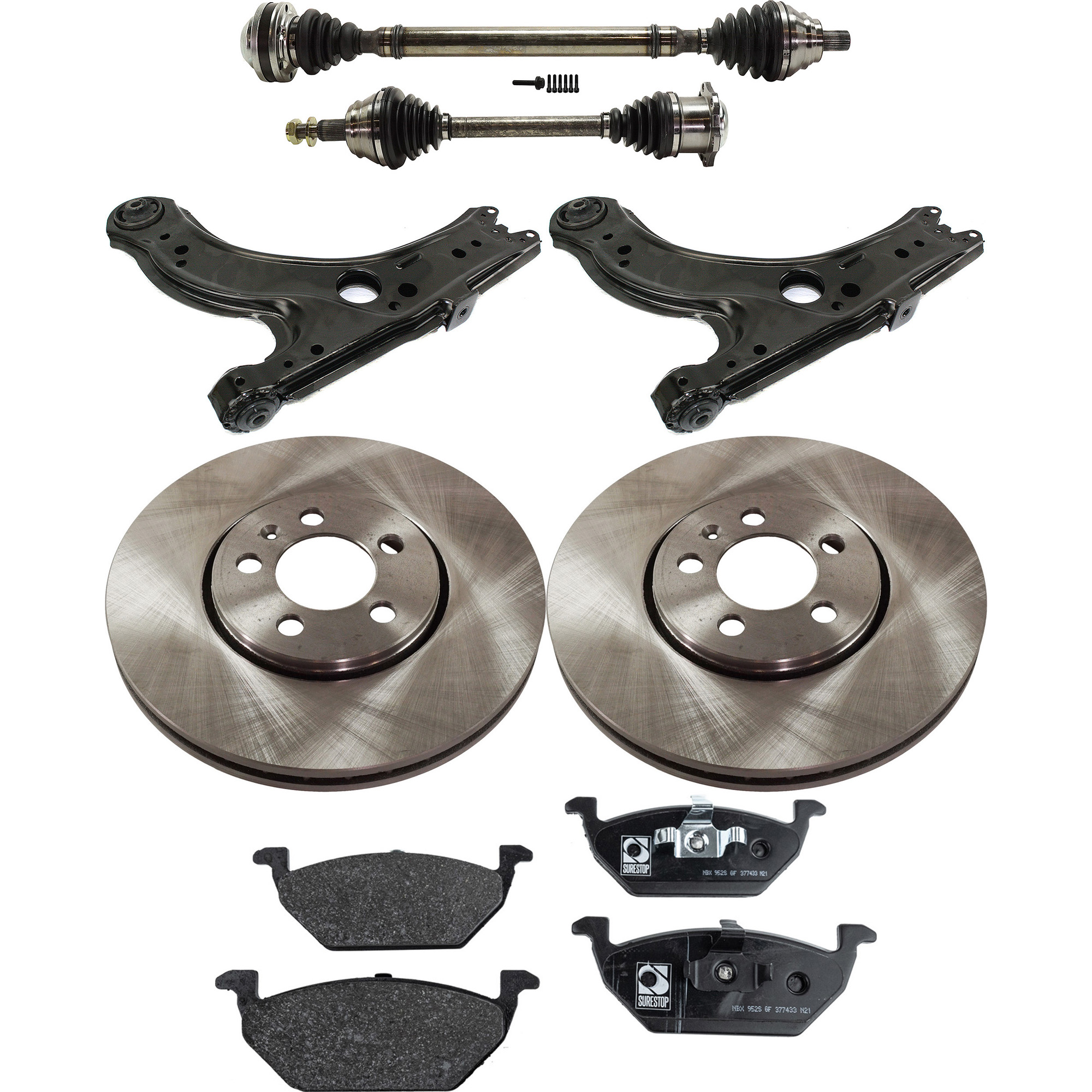 AM JETTA 05-05 FRONT AXLE ASSEMBLY RH AND LH 7 pc kit with Brake Disc Brake Pad Set and Control Arms SKU KIT 062422-123 OEM 1J0615301R 1J0698151-1J0698151