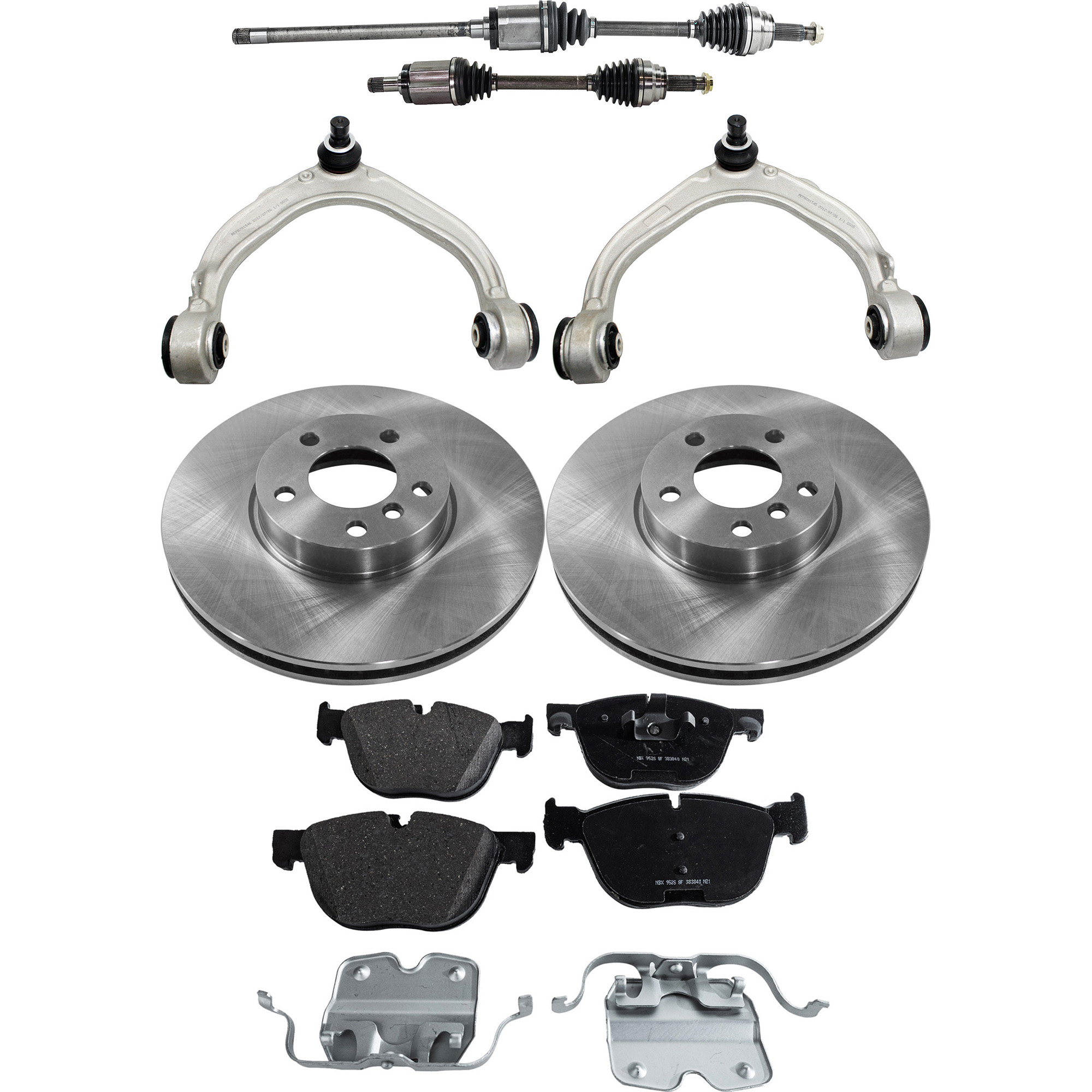 AM X5-07-13 X6-11-14 FRONT AXLE ASSEMBLY RH AND LH 8 pc kit with Brake Disc Brake Pad Set and Control Arms SKU KIT 062422-128 OEM 34116771985-34116793245-341140