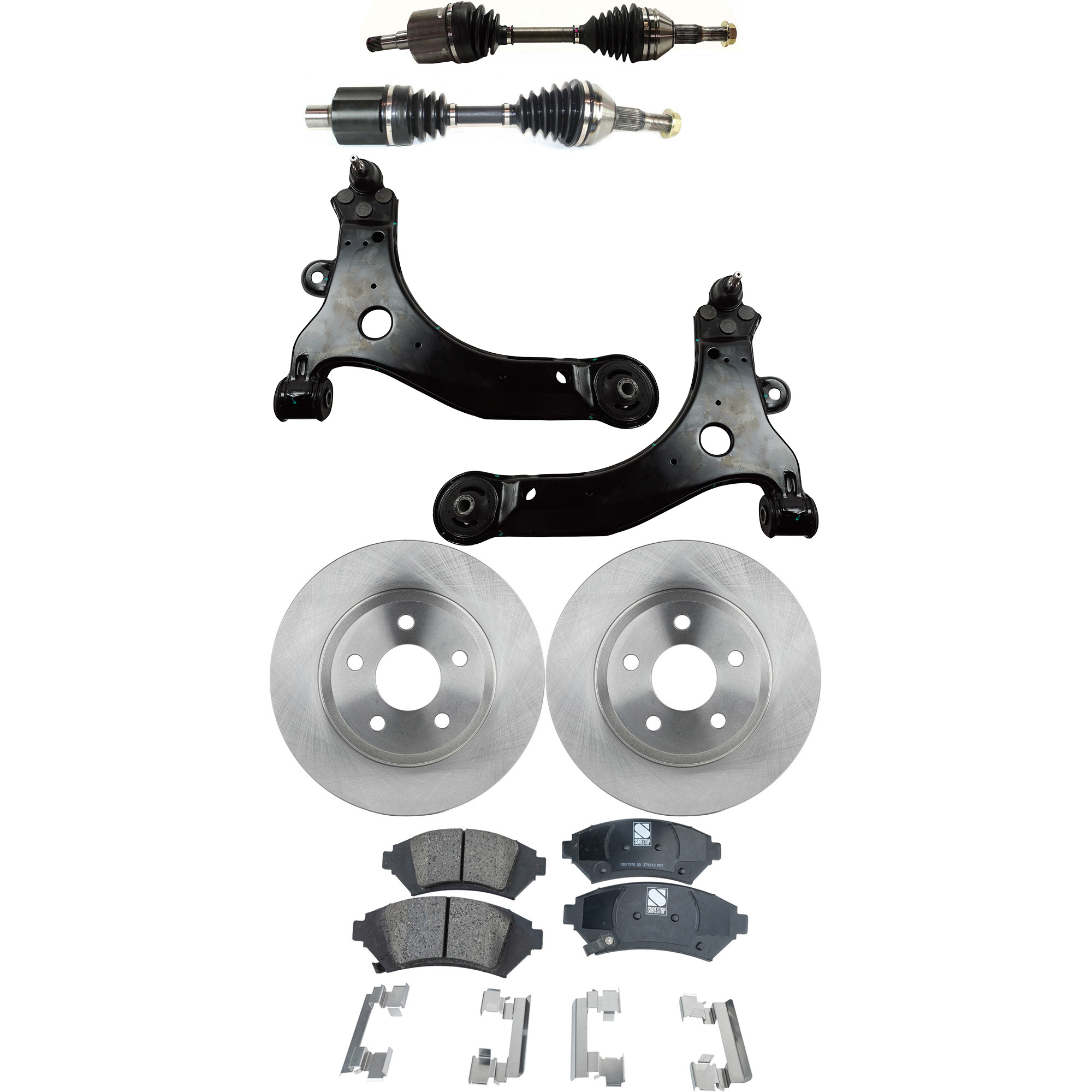 AM IMPALA 05-05 MONTE CARLO 05-05 FRONT AXLE ASSEMBLY RH AND LH 8 pc kit with Brake Disc Brake Pad Set and Control Arms SKU KIT 062422-273 OEM 88964116-19303832-88964119-103