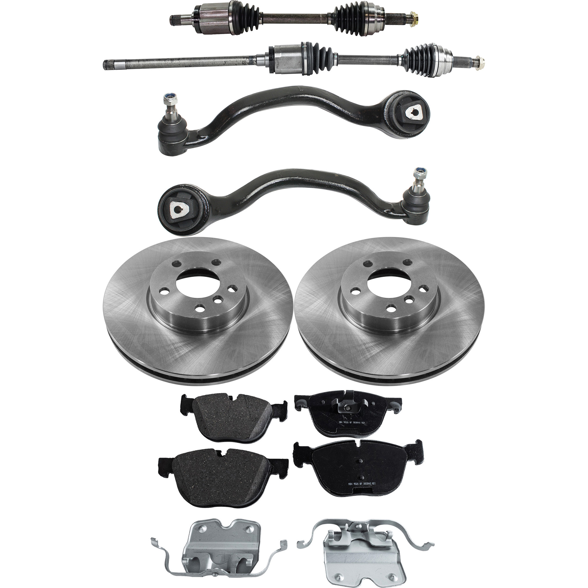 AM X5-07-13 X6-11-14 FRONT AXLE ASSEMBLY RH AND LH 7 pc kit with Brake Disc Brake Pad Set and Control Arms SKU KIT 062422-280 OEM 3-411-677-198-534-110-000-000-000-000