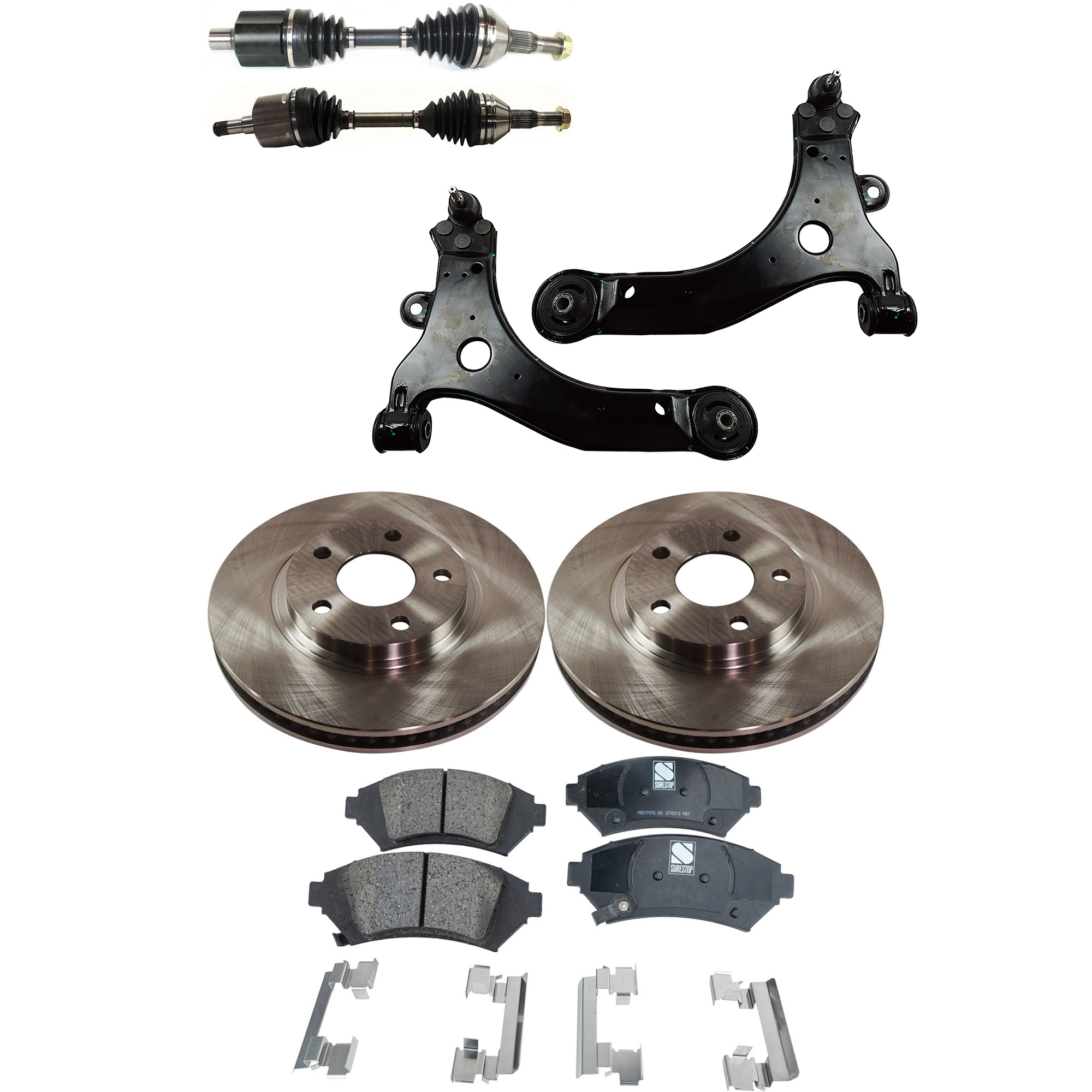 AM IMPALA 05-05 MONTE CARLO 05-05 FRONT AXLE ASSEMBLY RH AND LH 8 pc kit with Brake Disc Brake Pad Set and Control Arms SKU KIT 062422-282 OEM 18021015-88964119-10344930-104