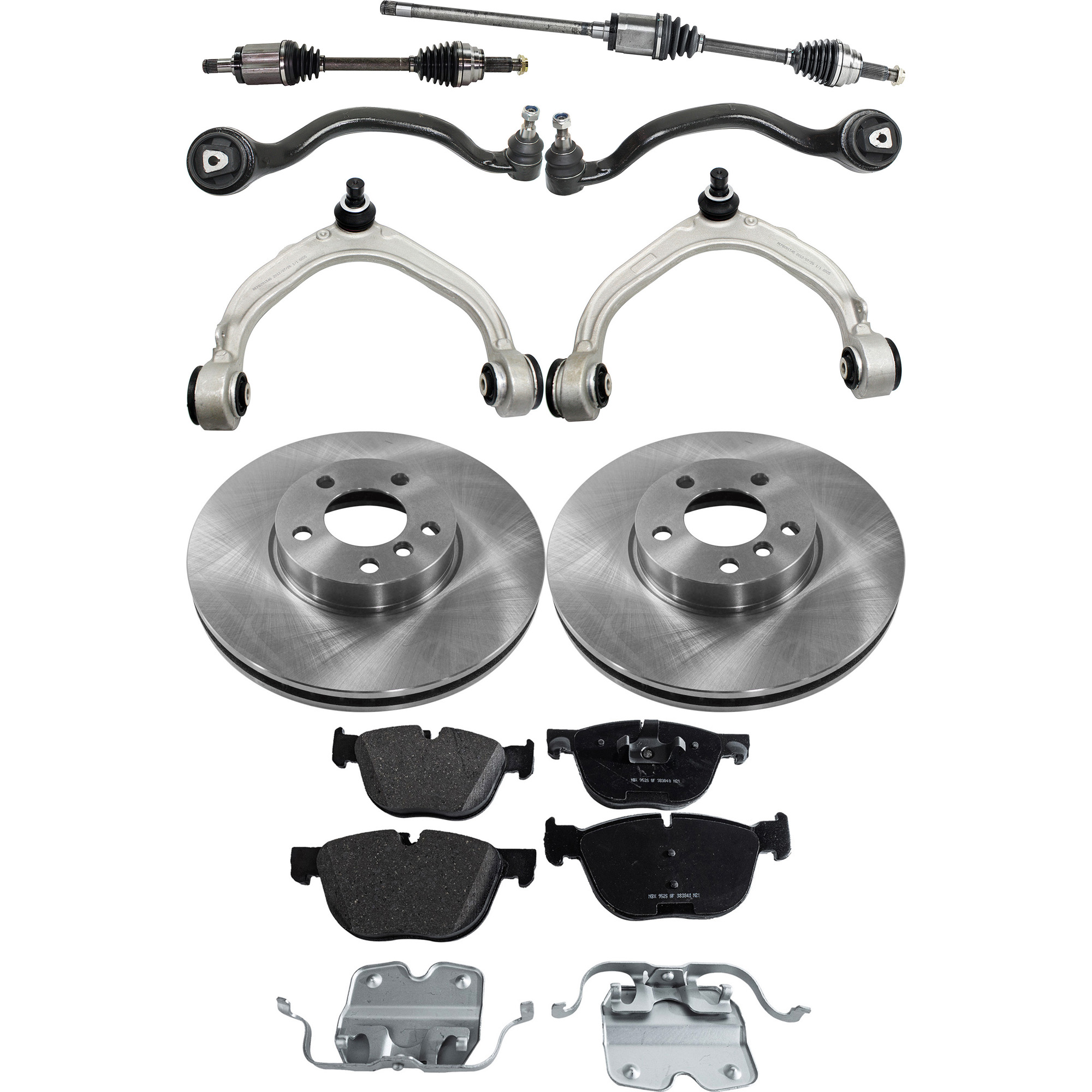 AM X5-07-13 X6-11-14 FRONT AXLE ASSEMBLY RH AND LH 9 pc kit with Brake Disc Brake Pad Set and Control Arms SKU KIT 062422-295 OEM 3-411-677-198-534-110-000-000-000-000
