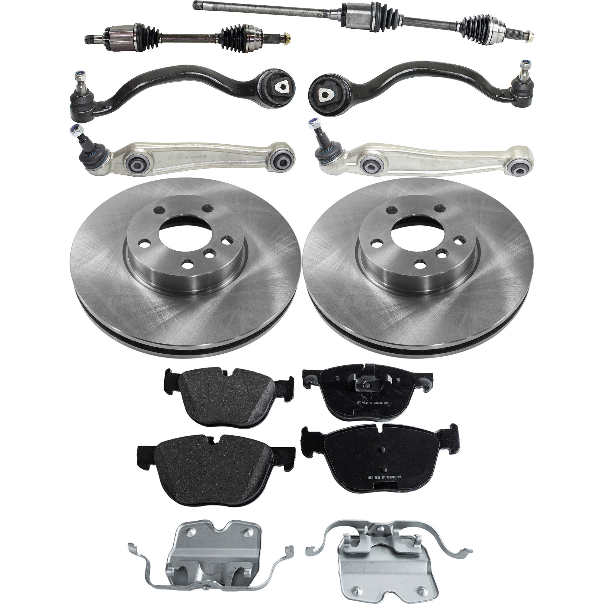 AM X5-07-13 X6-11-14 FRONT AXLE ASSEMBLY RH AND LH 9 pc kit with Brake Disc Brake Pad Set and Control Arms SKU KIT 062422-296 OEM 3-411-677-198-534-110-000-000-000-000