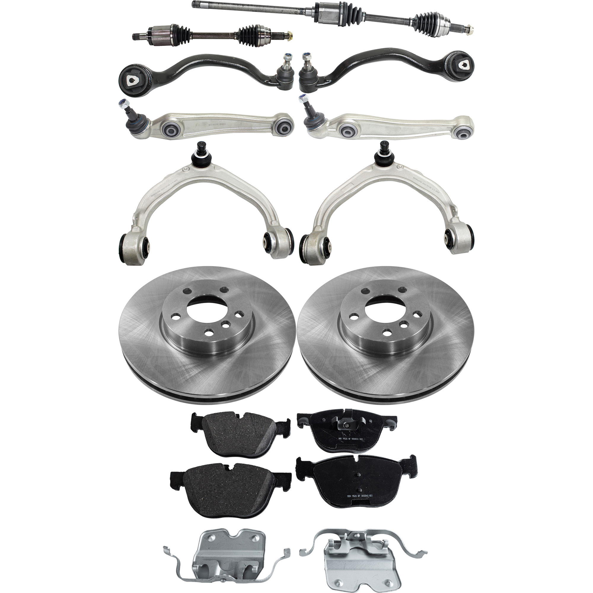 AM X5-07-13 X6-11-14 FRONT AXLE ASSEMBLY RH AND LH 11 pc kit with Brake Disc Brake Pad Set and Control Arms SKU KIT 062422-367 OEM 3-411-677-198-534-110-000-000-000-000