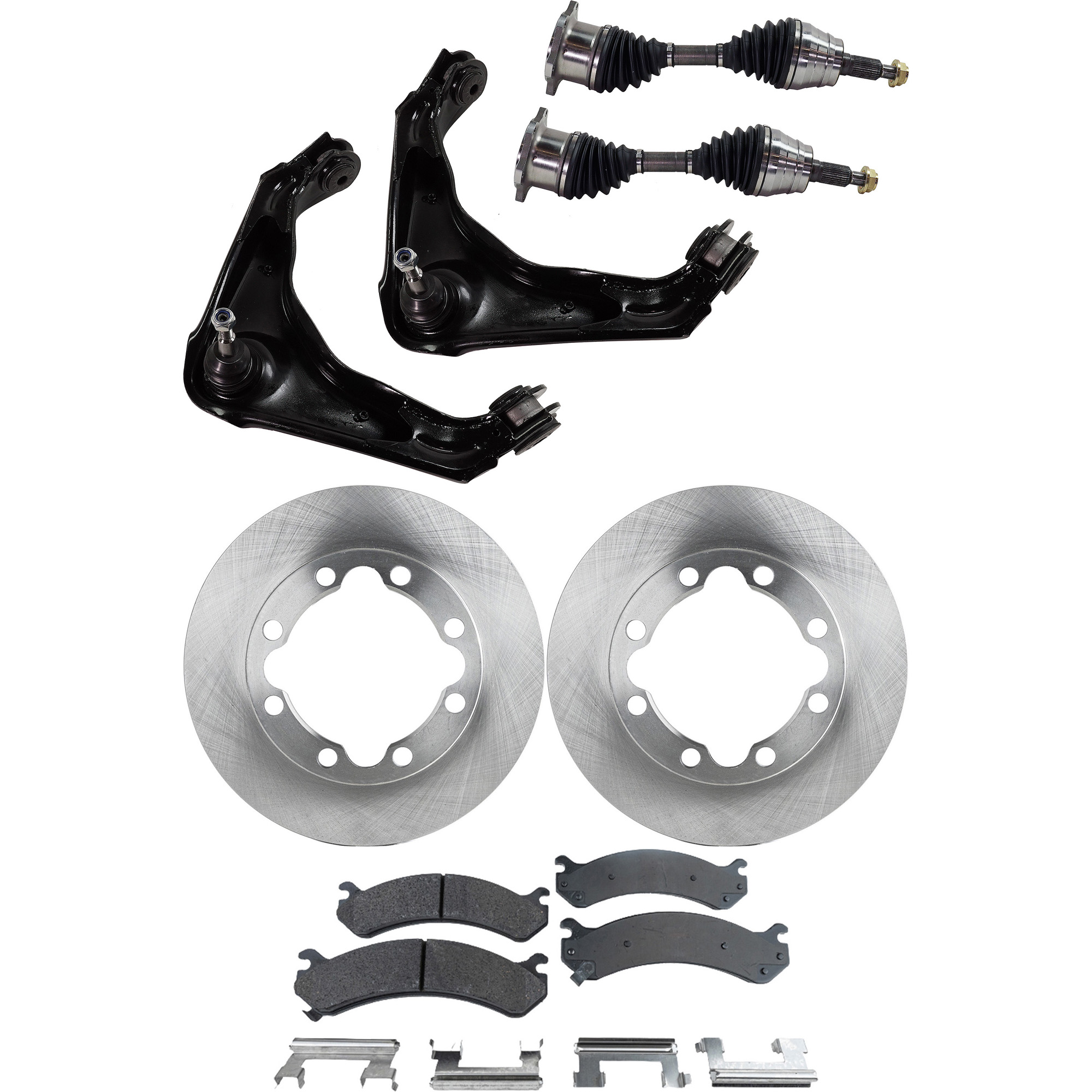 AM SUBURBAN 2500-00-00 FRONT CV AXLE ASSEMBLY RH AND LH 8 pc kit with Axle Assemblies Brake Discs Brake Pad Set and Control Arms SKU KIT 062422-476 OEM 4798315-52007851-12549136-1556