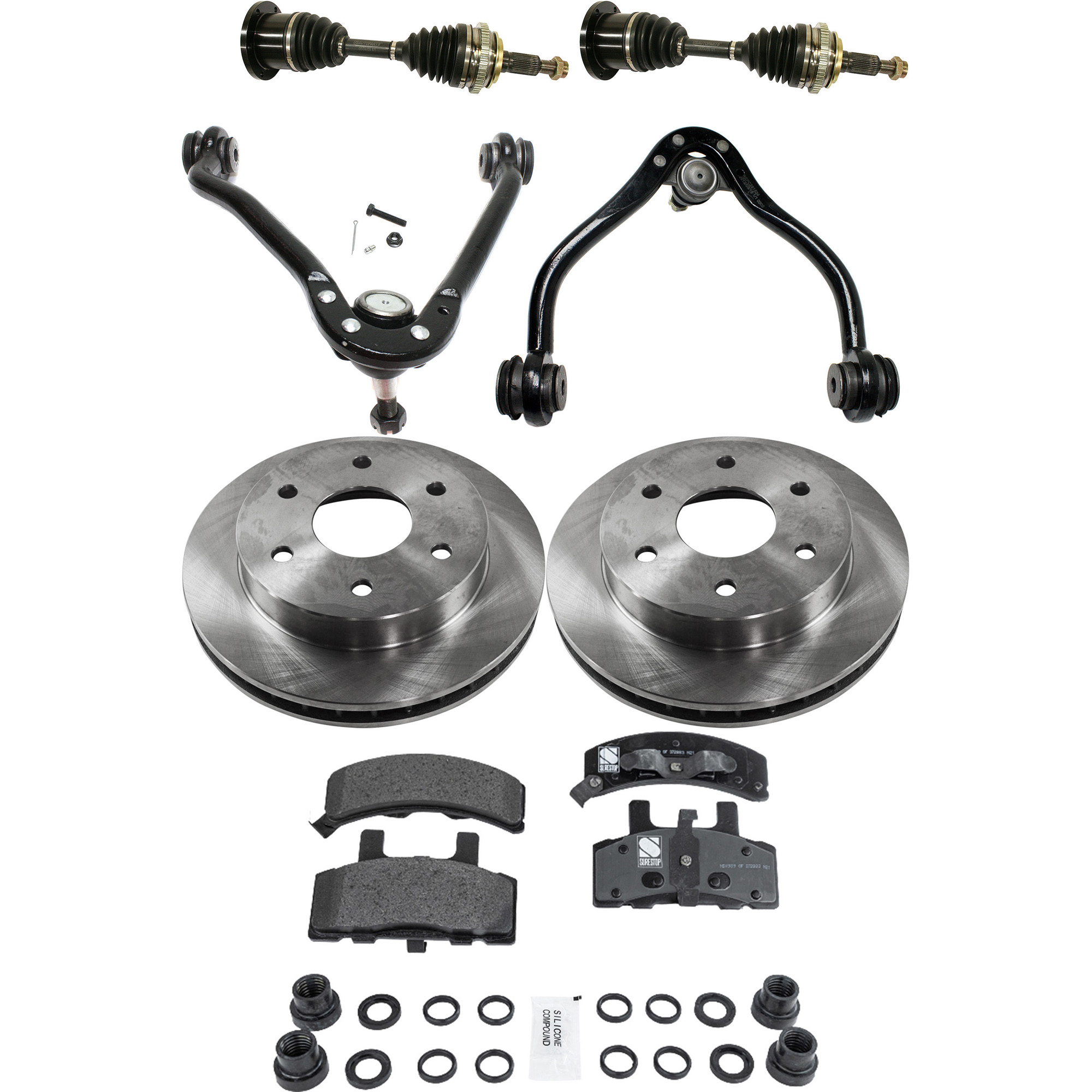 AM YUKON 94-94 FRONT CV AXLE ASSEMBLY RH AND LH 8 pc kit with Brake Discs Brake Pad Set and Control Arms SKU KIT 062422-528 OEM 15521902-15679710-12321430-123