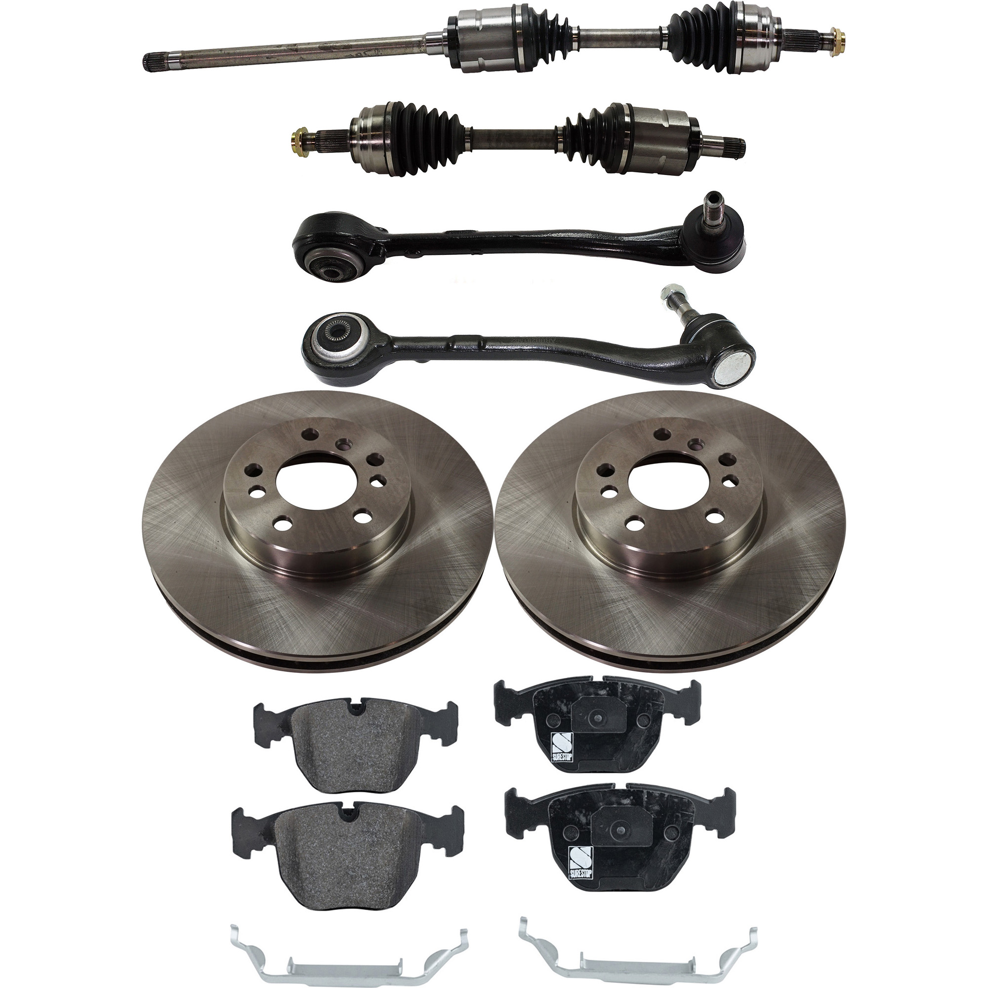 AM X5-00-06 FRONT CV AXLE ASSEMBLY RH AND LH 7 pc kit with Brake Discs Brake Pad Set and Control Arms SKU KIT 062422-567 OEM 3-411-675-604-534-110-000-000-000-000