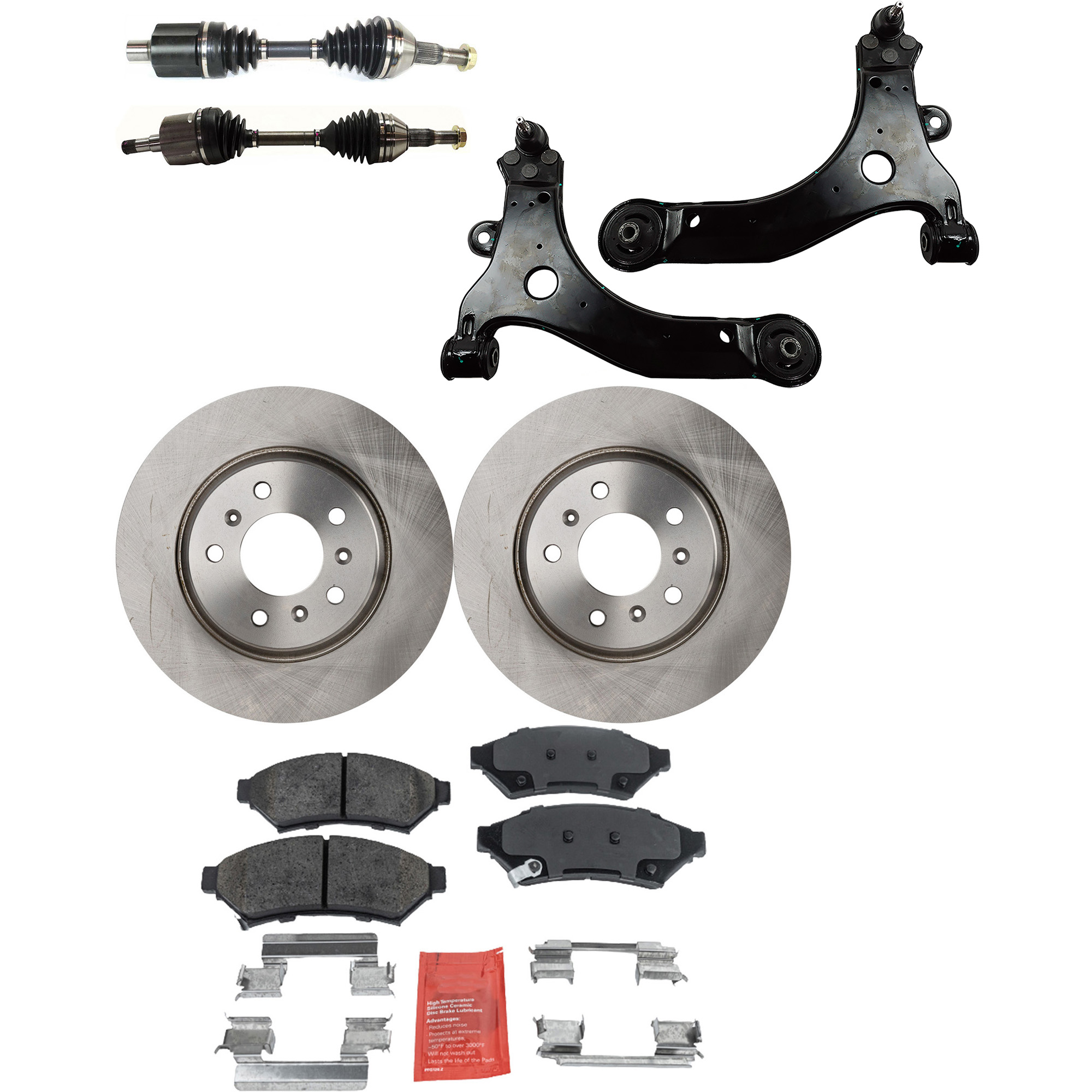 AM LACROSSE 05-09 FRONT CV AXLE ASSEMBLY RH AND LH 8 pc kit with Brake Discs Brake Pad Set and Control Arms SKU KIT 062422-597 OEM 18048698-19121389-19137369-889