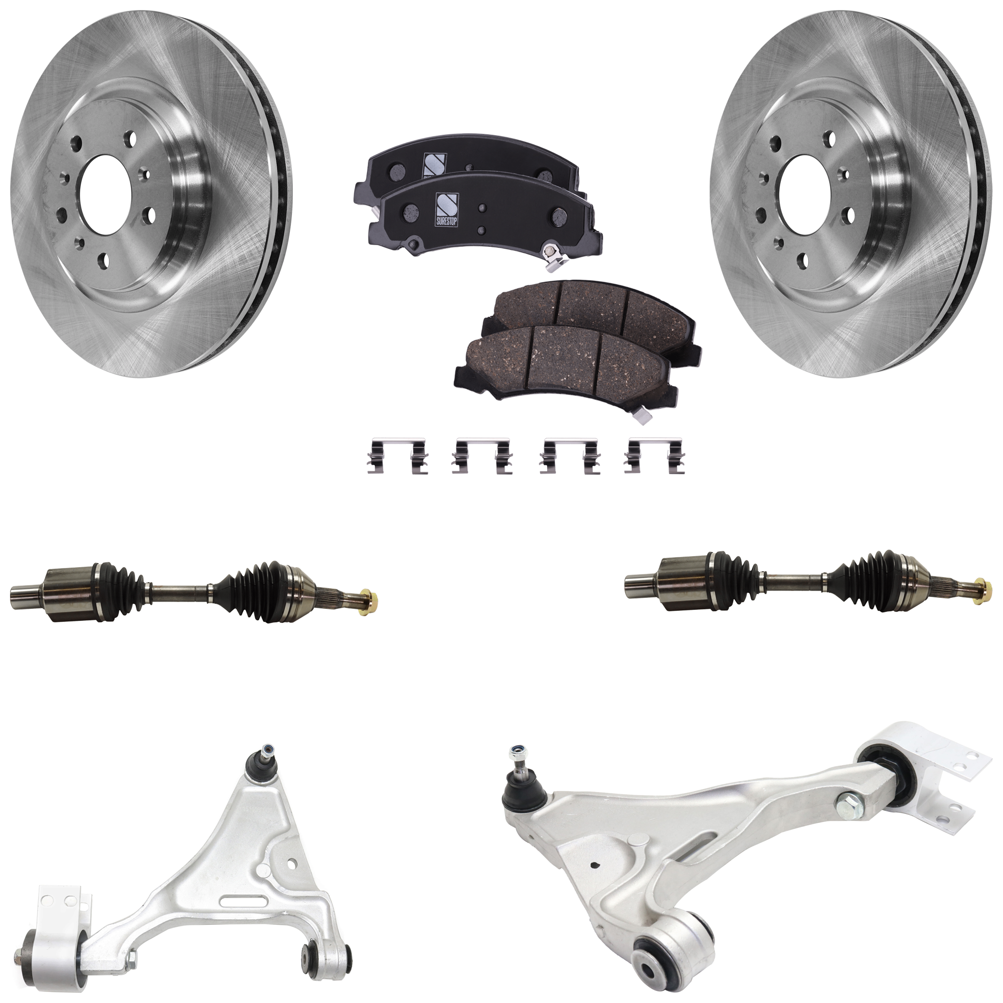 AM DTS LUCERNE 06-11 FRONT CONTROL ARM RH AND LH Lower 7 pc kit w Axle Assemblies Brake Discs and Brake Pad Set SKU KIT 062422-656 OEM 15793340-25803423-25980048-259