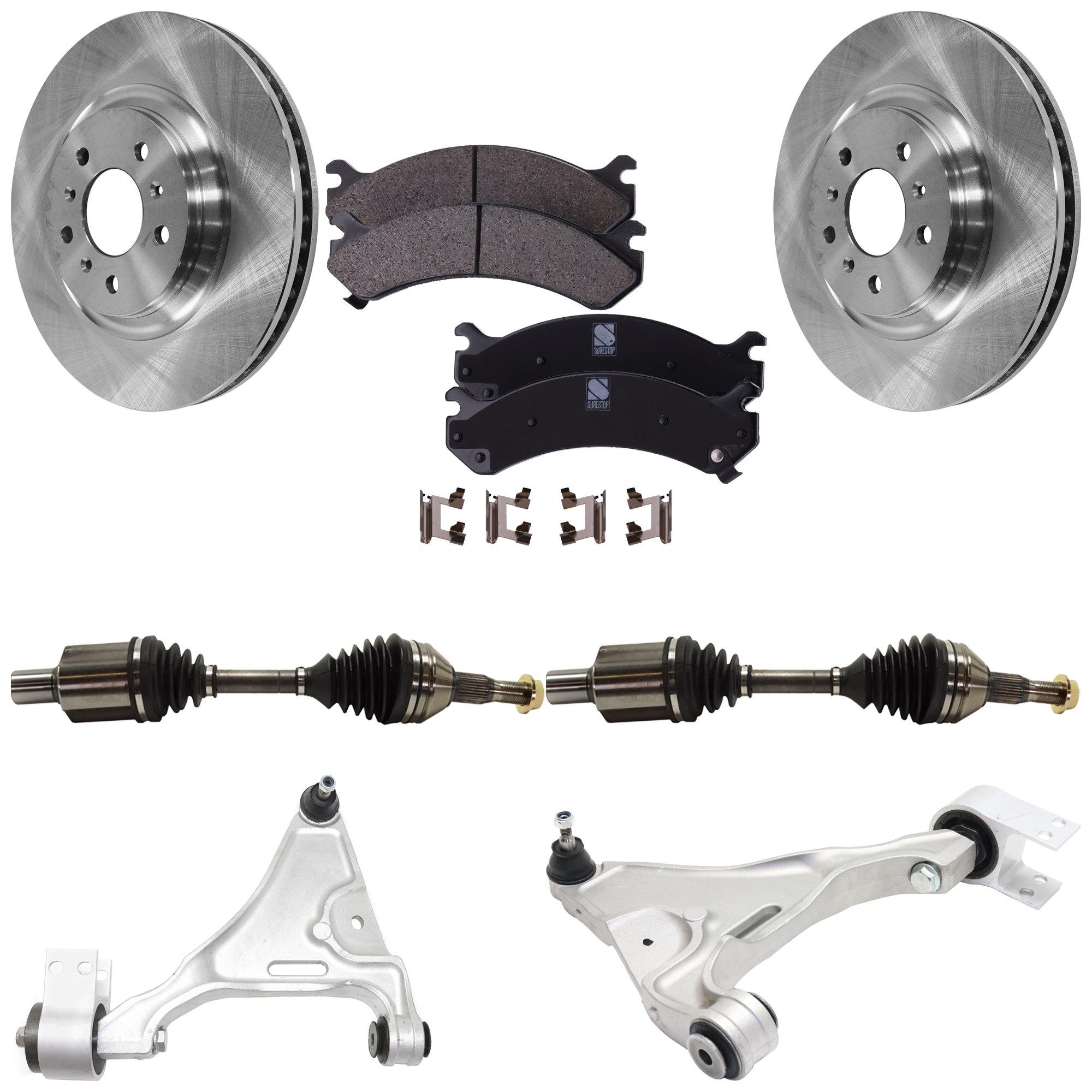 AM DTS 06-07 FRONT CONTROL ARM RH AND LH Lower 7 pc kit w Axle Assemblies Brake Discs and Brake Pad Set SKU KIT 062422-657 OEM 15793340-25803423-25980048-259