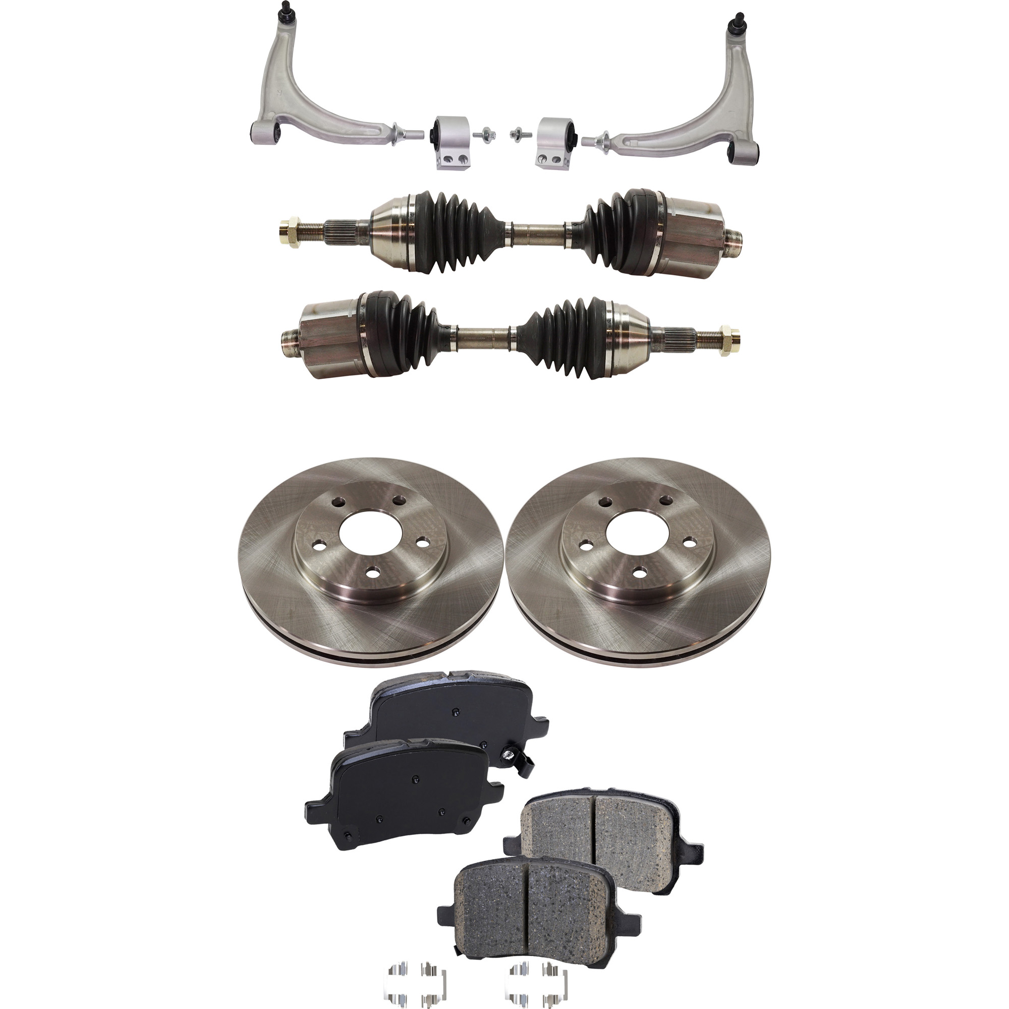 AM MALIBU 04-06 FRONT CONTROL ARM RH AND LH Lower 7 pc kit with Axle Assemblies Brake Discs and Brake Pad Set SKU KIT 062422-674 OEM 227-053-021-585-666-000-000-000-000