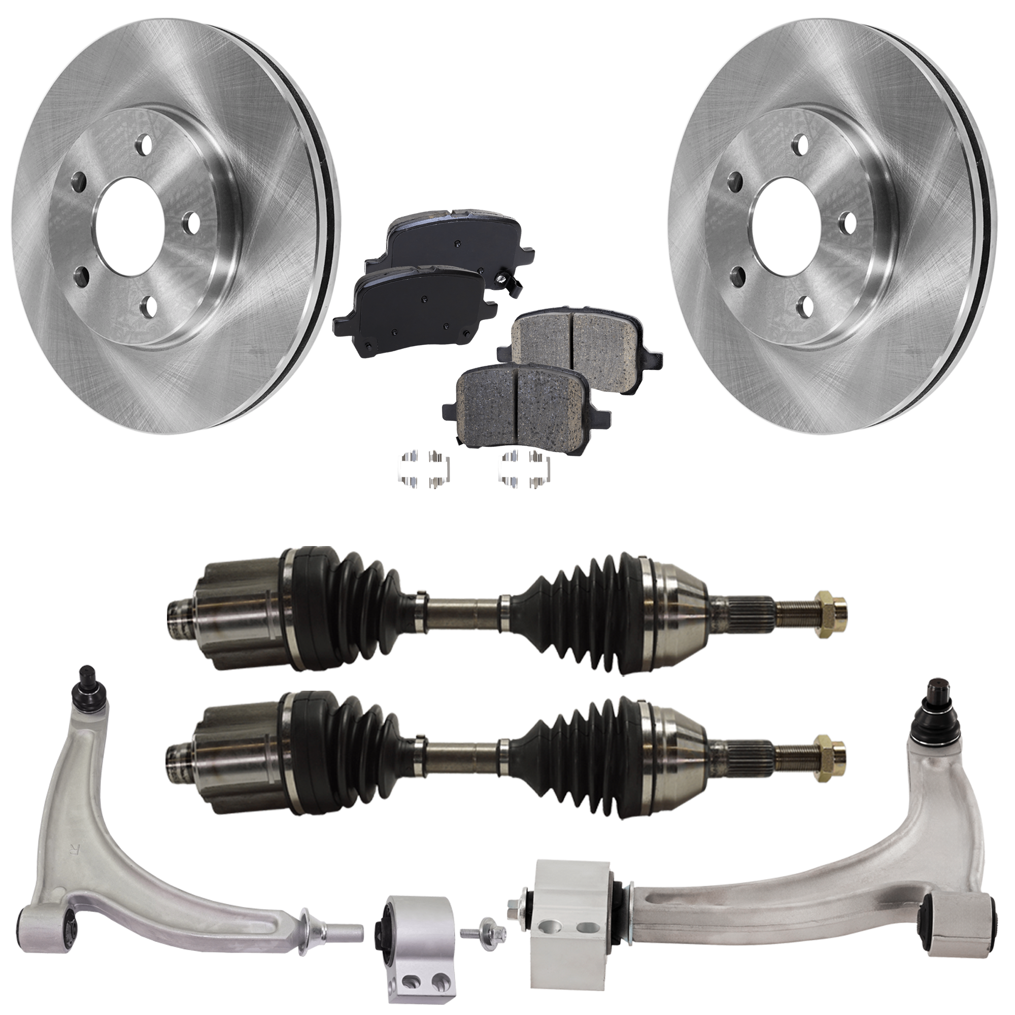 AM MALIBU 04-06 FRONT CONTROL ARM RH AND LH Lower 7 pc kit with Axle Assemblies Brake Discs and Brake Pad Set SKU KIT 062422-675 OEM 22705302-15856666-25797351-227