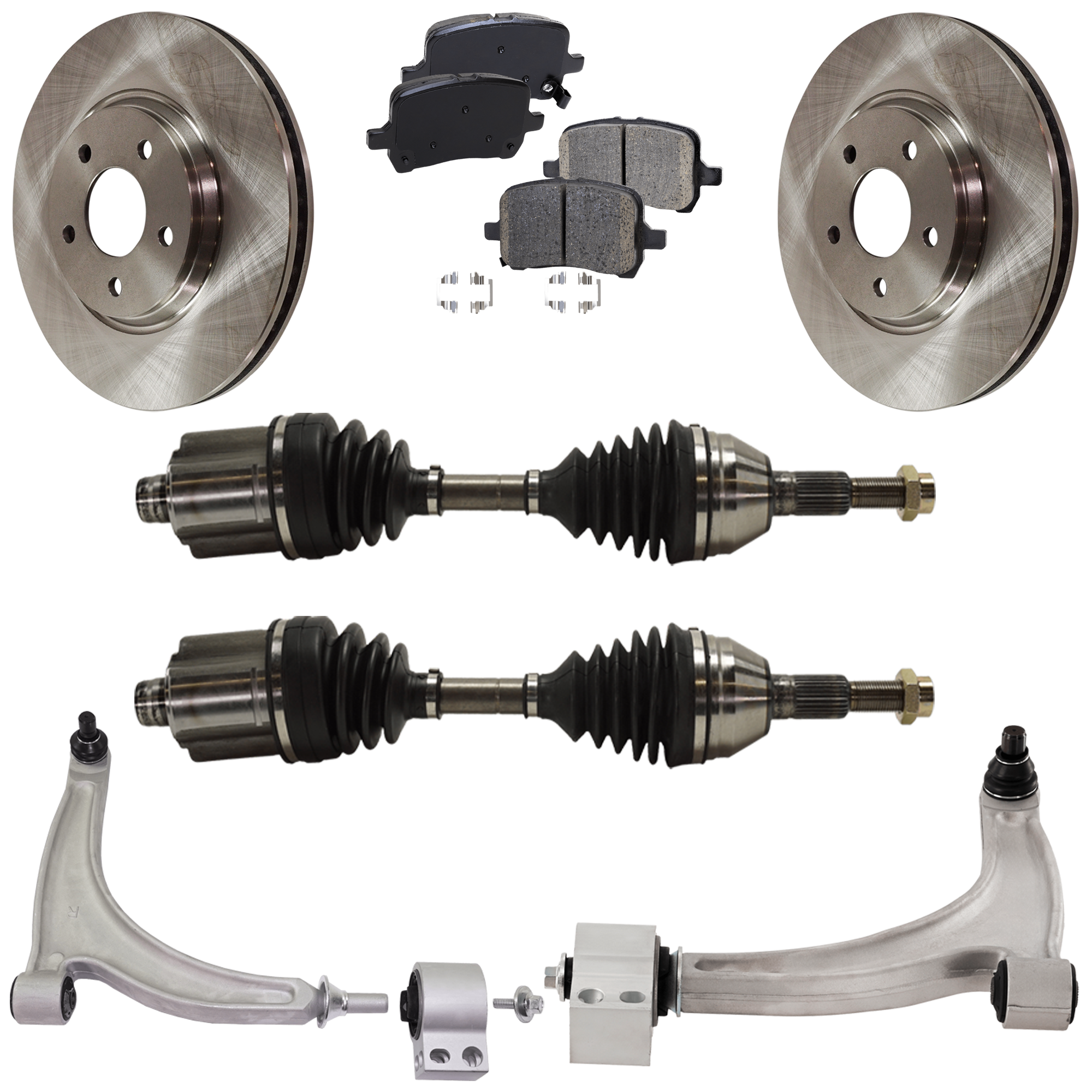 AM MALIBU 04-06 FRONT CONTROL ARM RH AND LH Lower 7 pc kit with Axle Assemblies Brake Discs and Brake Pad Set SKU KIT 062422-677 OEM 22705375-15856665-25797350-209