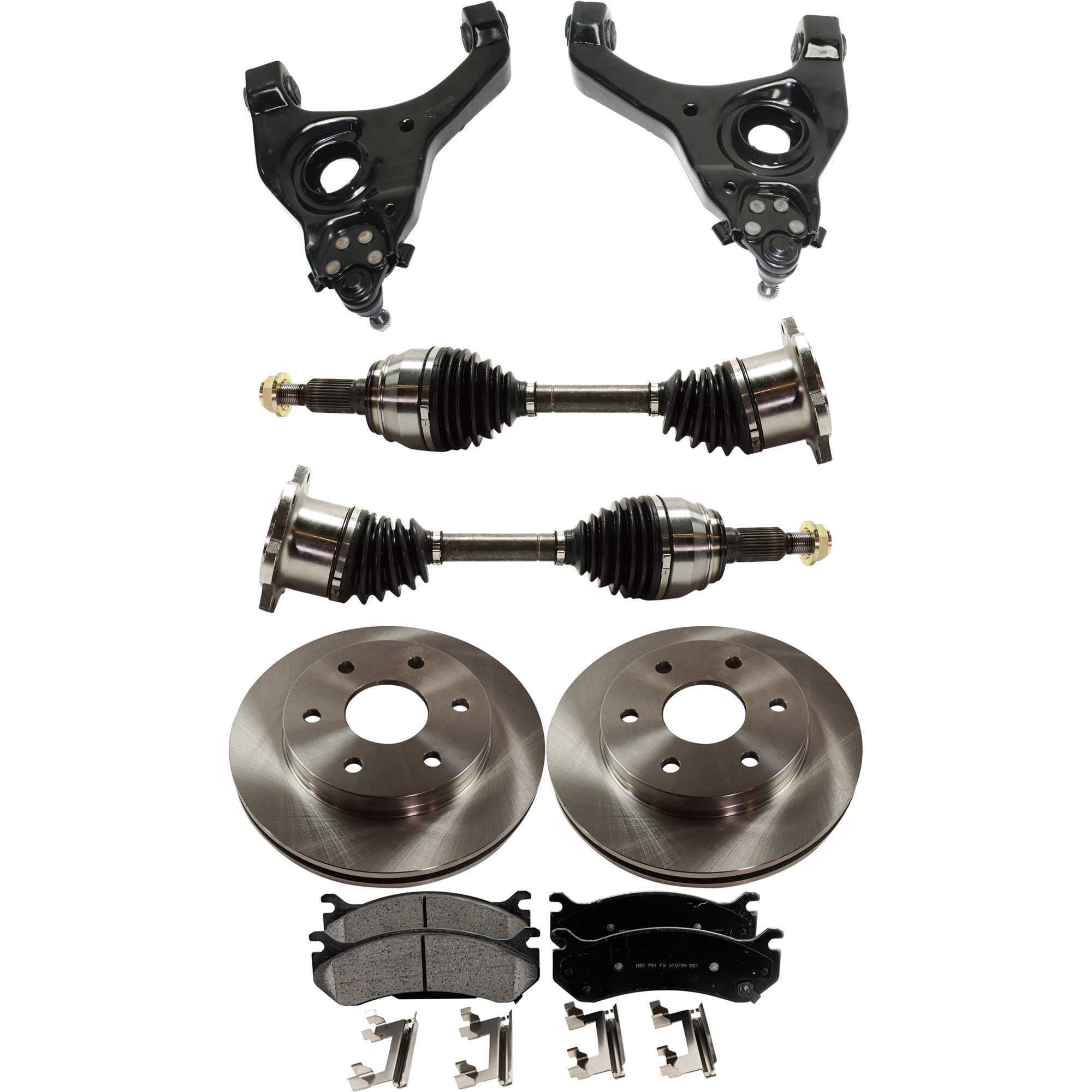 AM SIERRA SILVERADO 99-07 FRONT CONTROL ARM KIT RH AND LH Lower 8 pc kit w Axle Assemblies Brake Discs and Brake Pad Set SKU KIT 062422-683 OEM 18060214-15716362-19241877-192