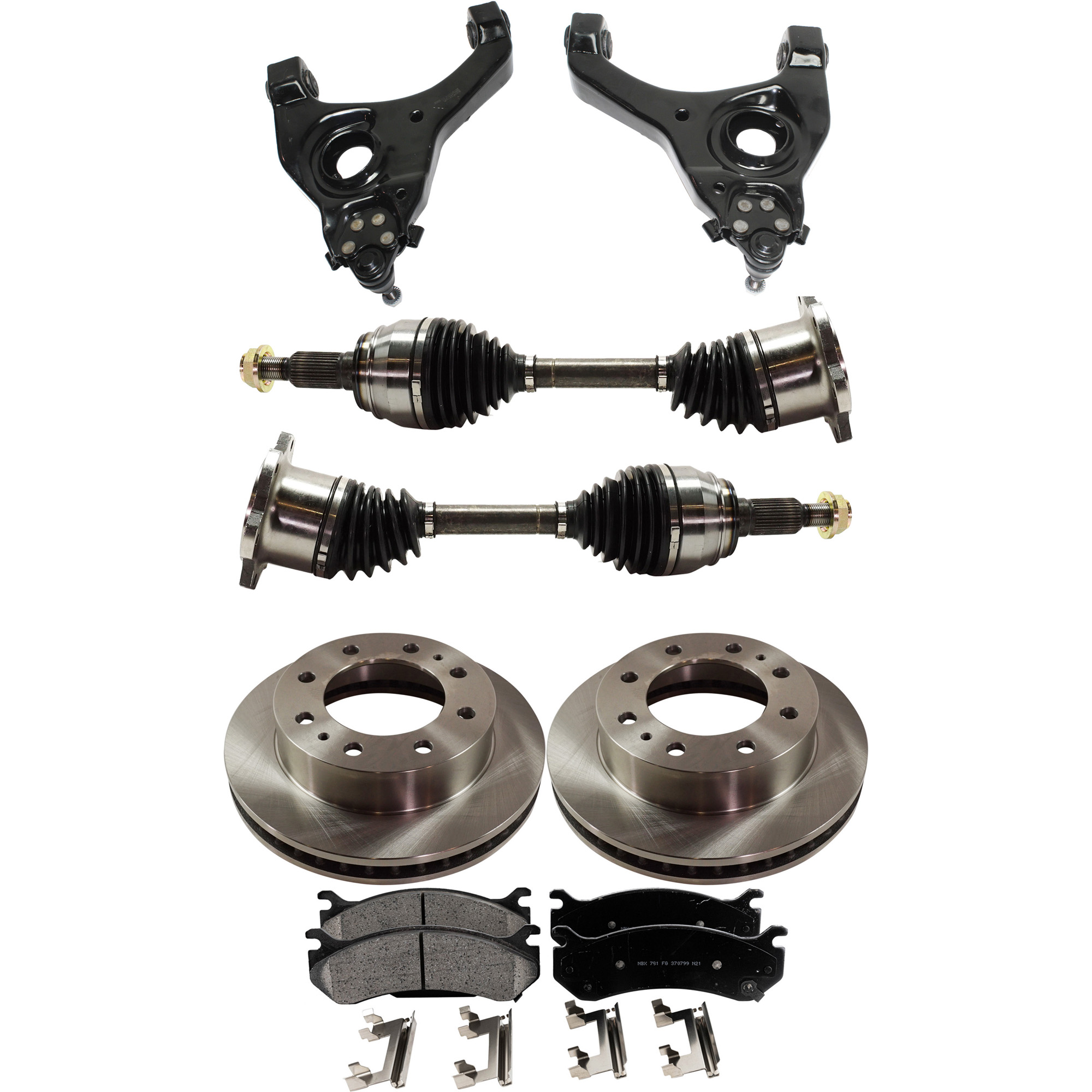 AM SIERRA 1500 SILVERADO 1500-04-04 FRONT CONTROL ARM KIT RH AND LH Lower 8 pc kit w Axle Assemblies Brake Discs and Brake Pad Set SKU KIT 062422-691 OEM 18060654-15886462-18026217-180