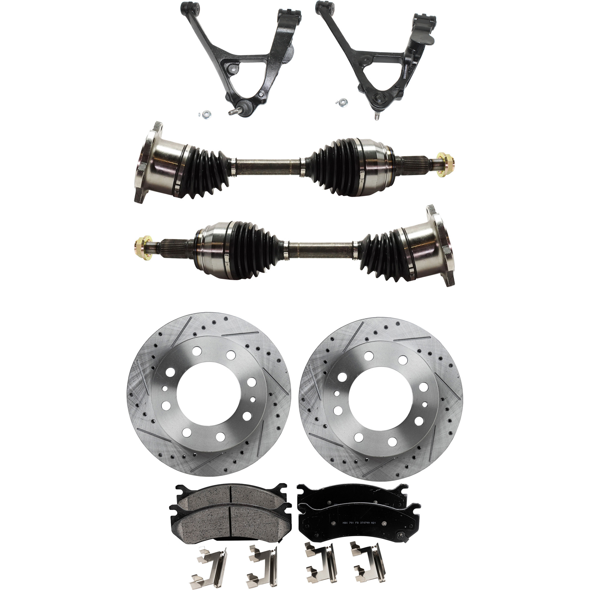 AM SIERRA 1500 SILVERADO 1500-04-04 FRONT CONTROL ARM KIT RH AND LH 7 pc Kit Lower w Ball Joint Axle Assembly Brake Disc and Brake Pad Set SKU KIT 062422-703 OEM 55056-56829-56999-86829-101421