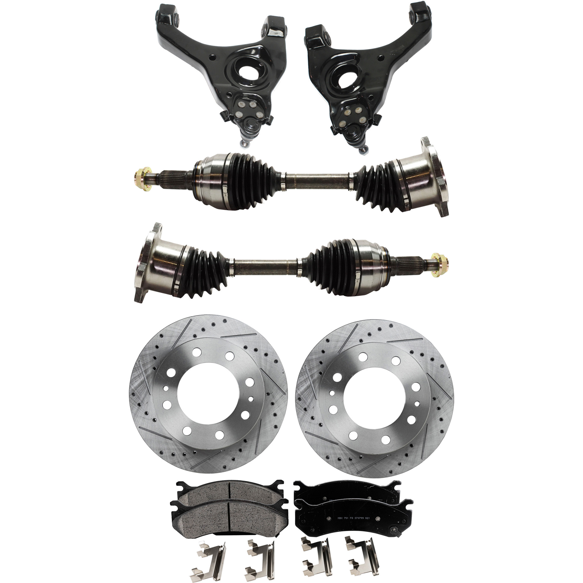 AM SIERRA 1500 SILVERADO 1500-04-04 FRONT CONTROL ARM KIT RH AND LH Lower 7 pc Kit w Axle Assemblies Brake Discs and Brake Pad Set SKU KIT 062422-705 OEM 55056-56829-56999-86829-101421