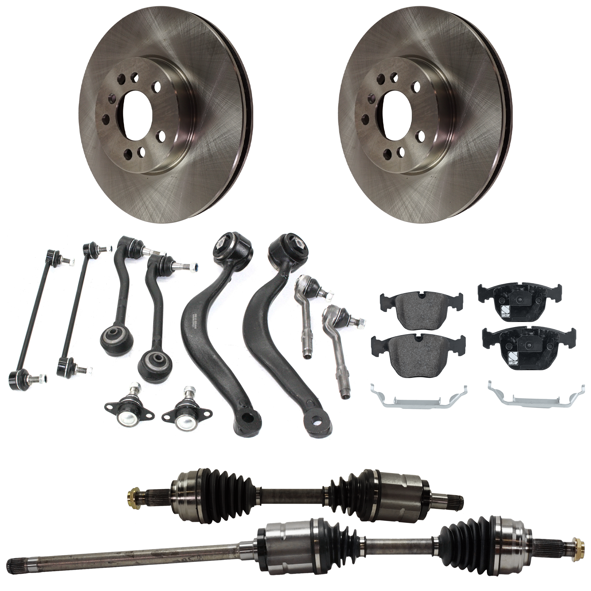 AM X5-00-06 FRONT CONTROL ARM RH AND LH Upper and Lower 6 pc kit with Axle Assemblies Brake Discs and Brake Pad Set SKU KIT 062422-708 OEM 34116756045-34111163227-341111