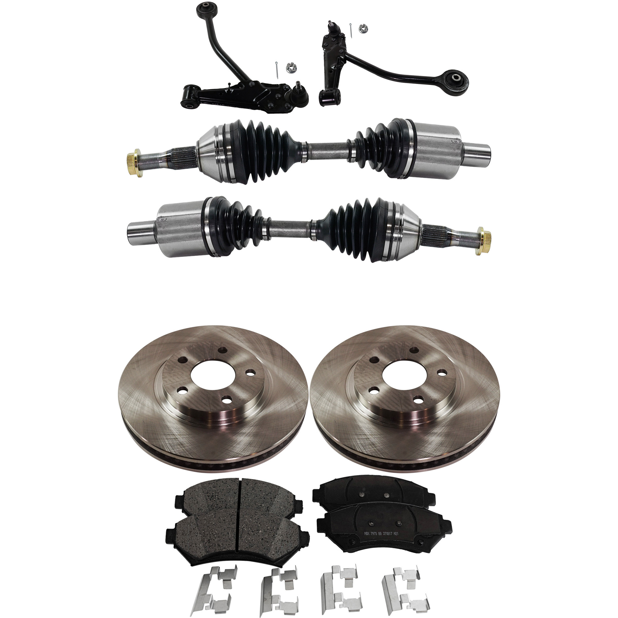 AM ELDORADO SEVILLE 97-97 FRONT CONTROL ARM RH AND LH Lower 7 pc kit w Axle Assemblies Brake Discs and Brake Pad Set SKU KIT 062422-709 OEM 18021015-18024961-18024962-180