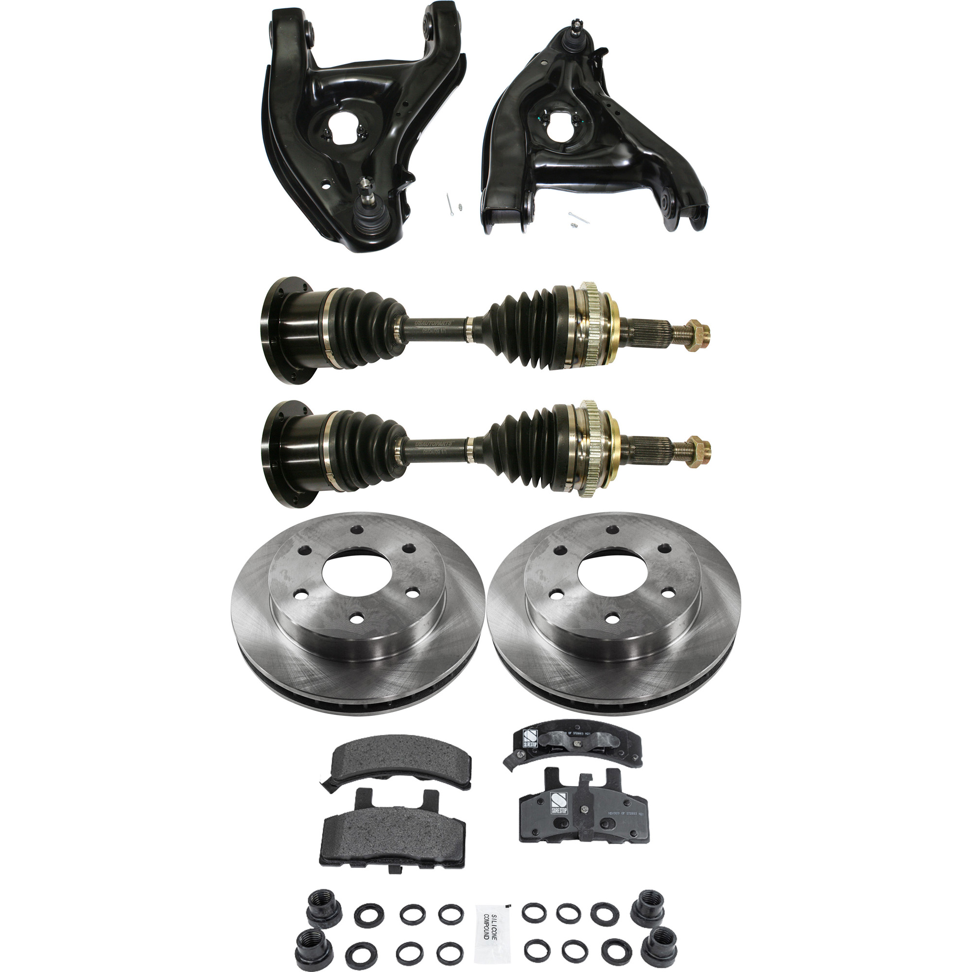 AM YUKON 92-94 FRONT CONTROL ARM RH AND LH Lower 7 pc kit with Axle Assemblies and Brake Discs and Brake Pad Set SKU KIT 062422-710 OEM 15521902-15679710-12321430-123