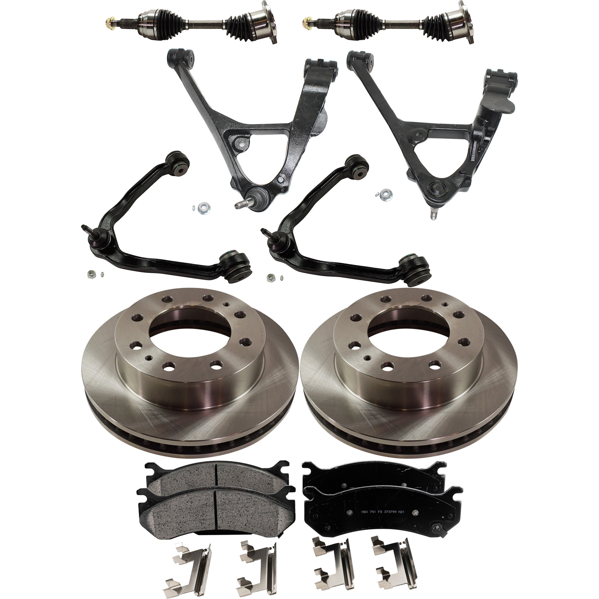 AM SIERRA 1500 SILVERADO 1500-04-04 FRONT CONTROL ARM KIT RH AND LH 10 pc kit Upper and Lower w Ball Joint Axle Assembly Brake Disc and Brake Pad Set SKU KIT 062422-736 OEM 18060654-15886462-18026217-180