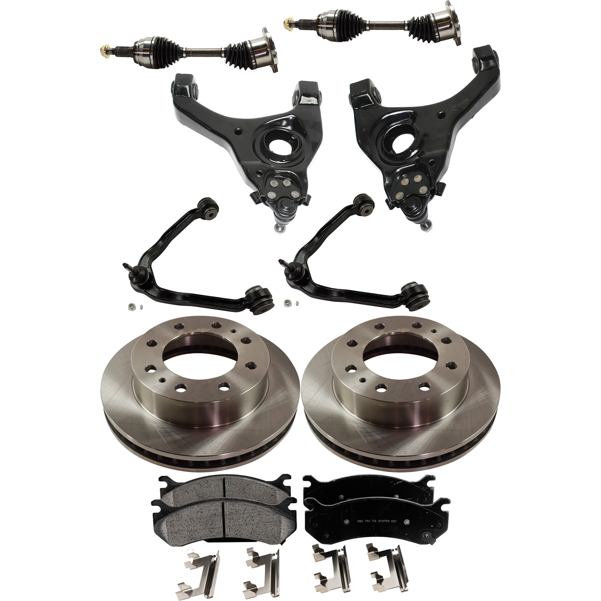 AM SIERRA 1500 SILVERADO 1500-04-04 FRONT CONTROL ARM KIT RH AND LH Upper and Lower 10 pc kit w Axle Assemblies Brake Discs and Brake Pad Set SKU KIT 062422-738 OEM 18060654-15886462-18026217-180