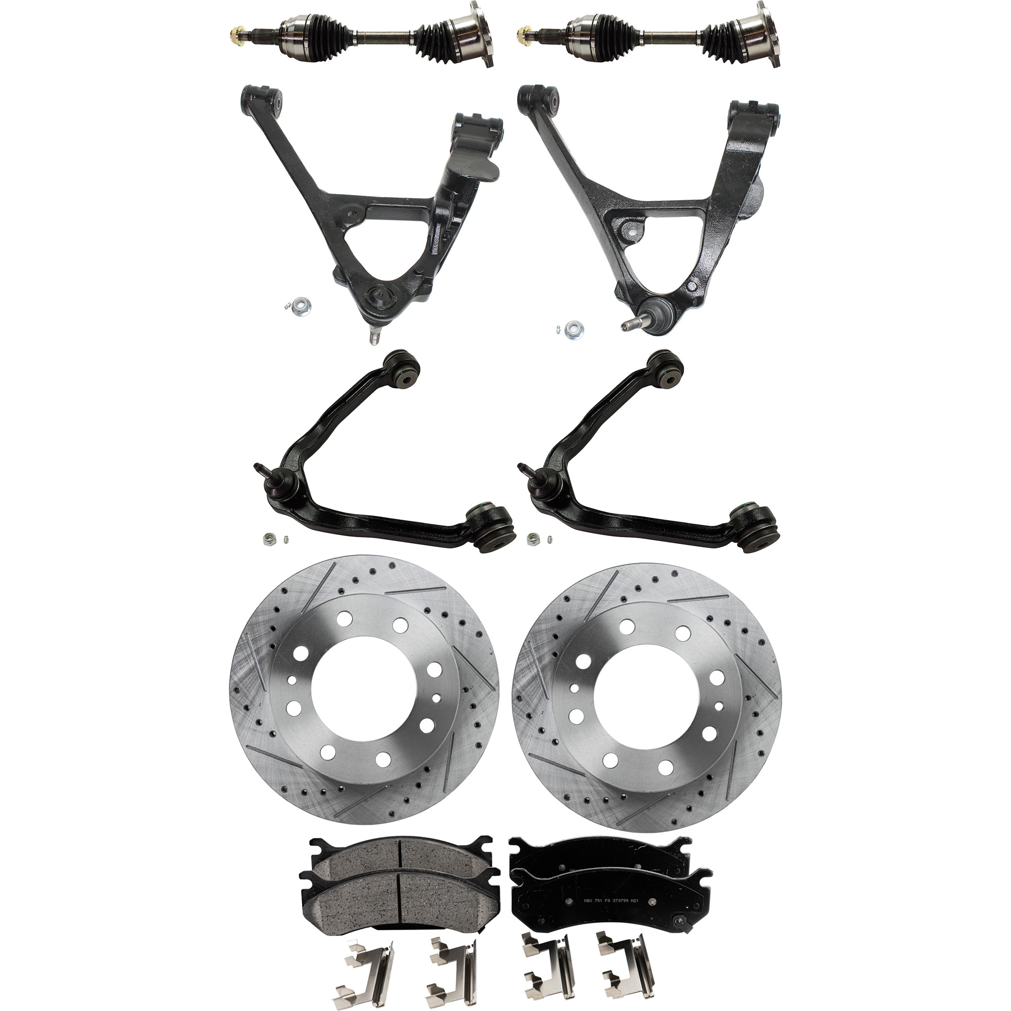 AM SIERRA 1500 SILVERADO 1500-04-04 FRONT CONTROL ARM KIT RH AND LH 9 pc Kit Upper and Lower w Ball Joint Axle Assembly Brake Disc and Brake Pad Set SKU KIT 062422-760 OEM 55056-56829-56999-86829-101421