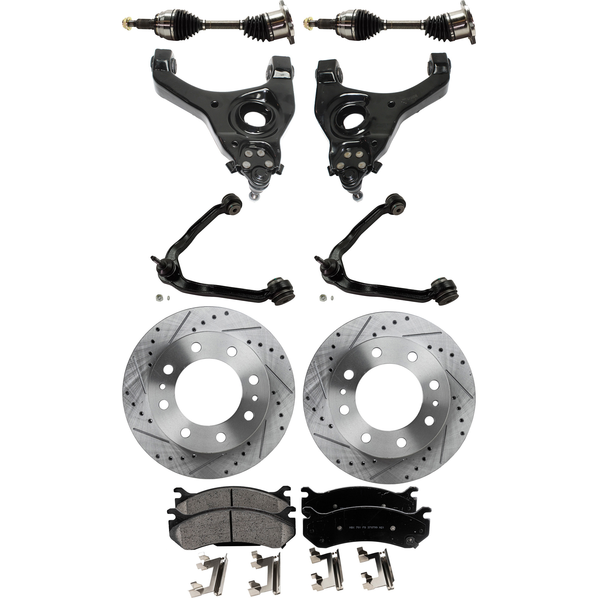 AM SIERRA 1500 SILVERADO 1500-04-04 FRONT CONTROL ARM KIT RH AND LH Upper and Lower 9 pc Kit w Axle Assemblies Brake Discs and Brake Pad Set SKU KIT 062422-762 OEM 55056-56829-56999-86829-101421