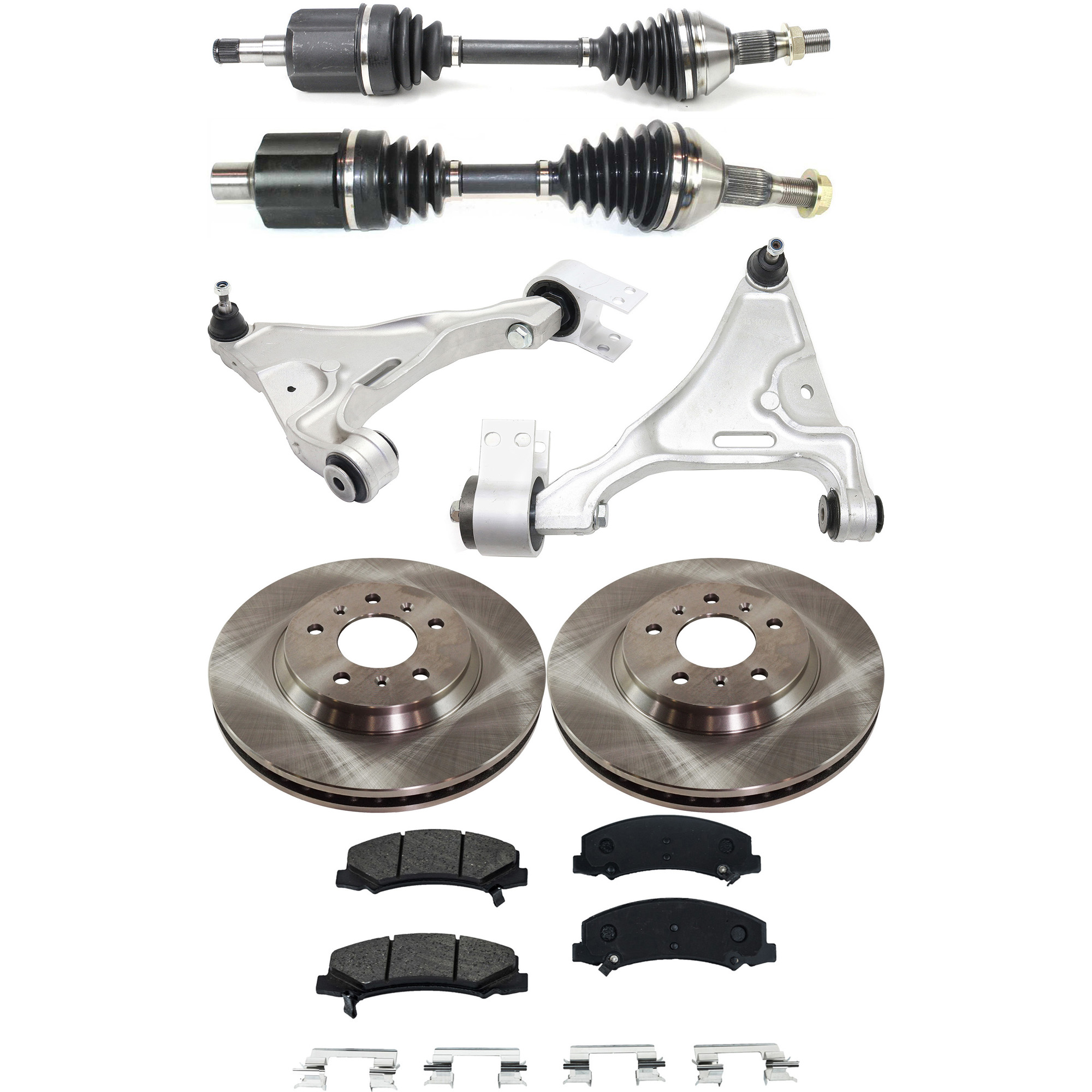 AM LUCERNE 06-08 FRONT CONTROL ARM RH AND LH Lower 7 pc Kit w Axle Assemblies Brake Discs and Brake Pad Set SKU KIT 062422-770 OEM 15251335-25955931-20879454-231