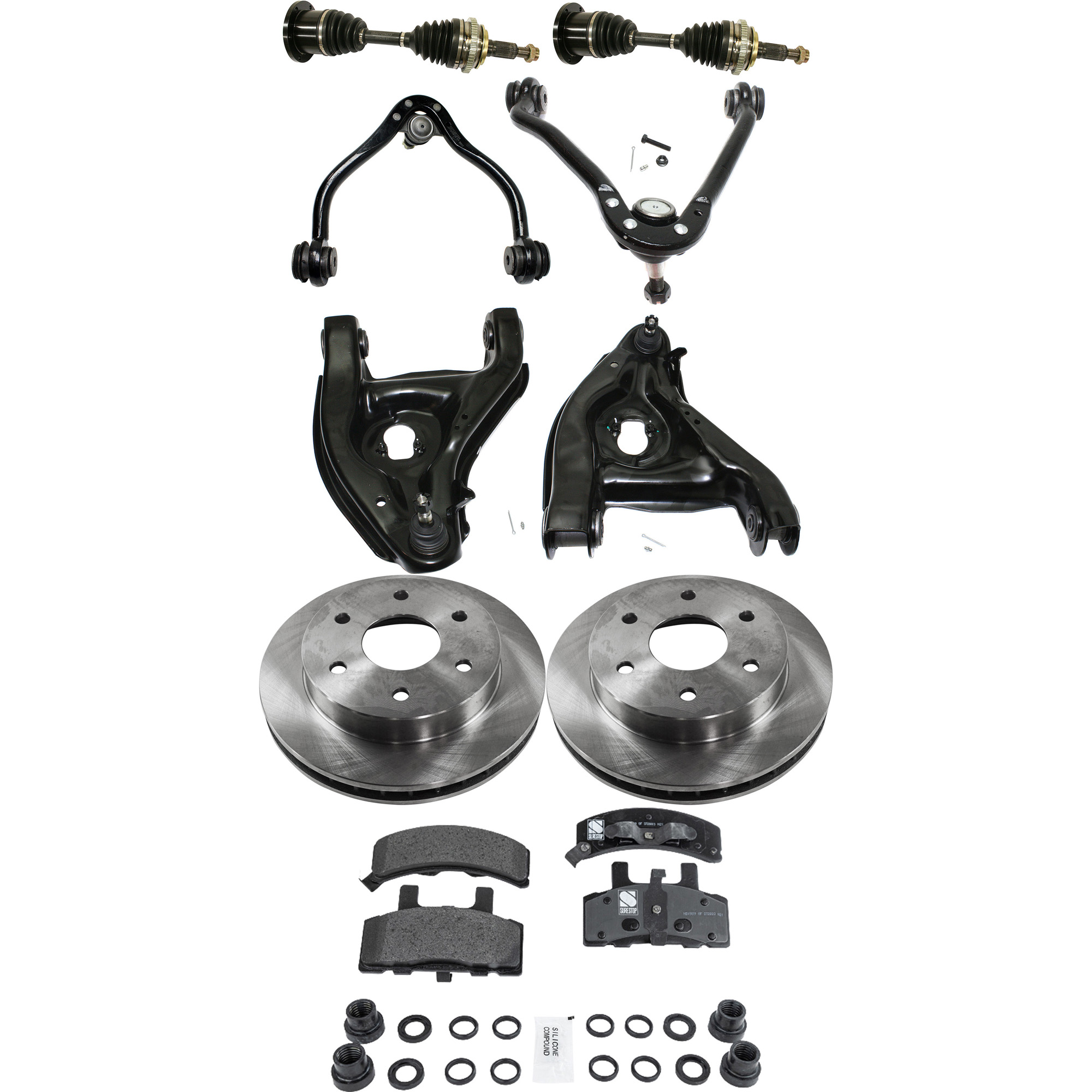 AM YUKON 94-94 FRONT CONTROL ARM RH AND LH Upper and Lower 9 pc Kit with Axle Assemblies Brake Discs and Brake Pad Set SKU KIT 062422-803 OEM 15521902-15679710-12321430-123