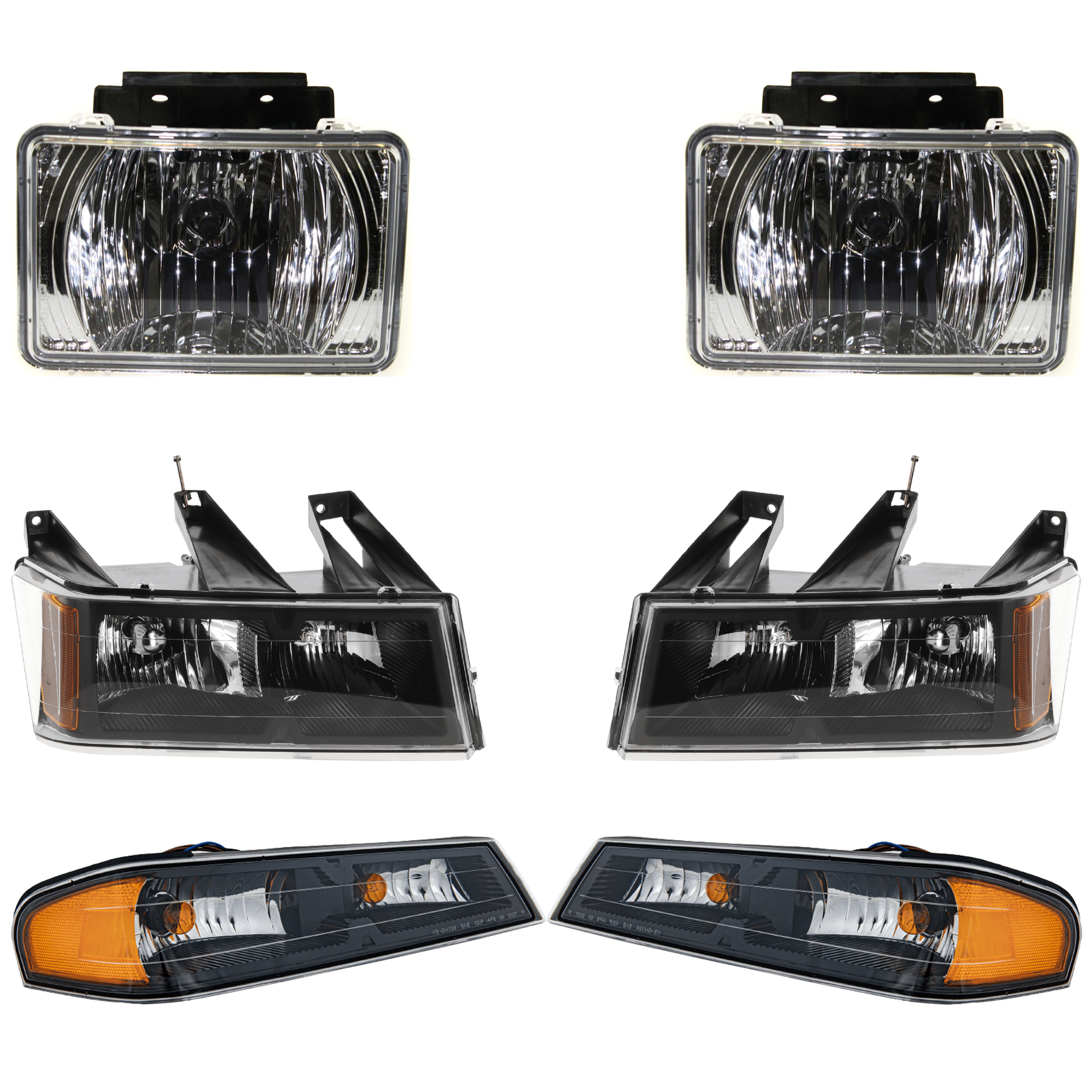 AM COLORADO CANYON 04-12 HEAD LAMP RH AND LH 6 pc kit Assembly Halogen Black Interior with Corner Light and Fog Light SKU KIT 062424 C10 Partslink GM2502234 GM2503234 GM2521189 GM2520189 GM2592135 OEM 20766569-20766570-19328955-194