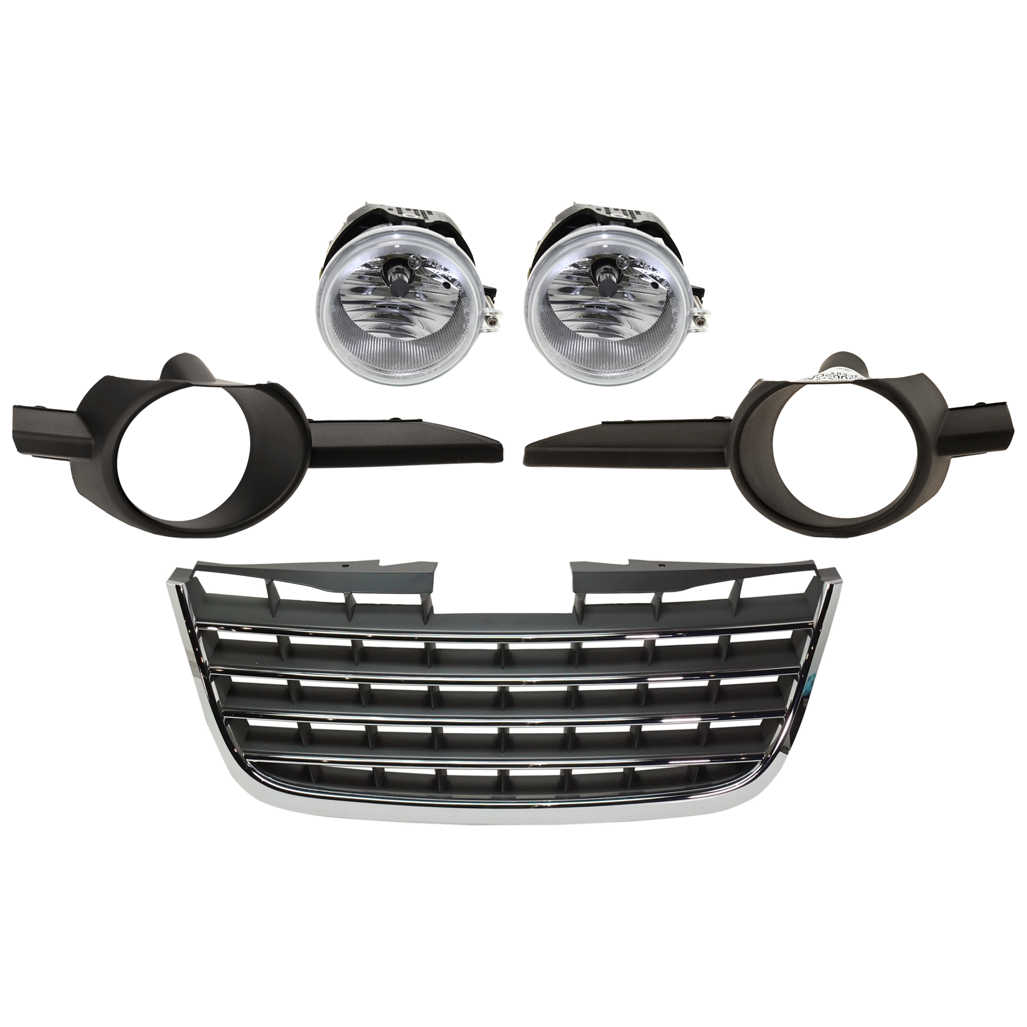 AM TOWN COUNTRY 08-09 GRILLE 5 pc Kit Plastic Chrome Shell Painted Dark Gray Insert with Fog Light and Fog Light Trim SKU KIT 062424 C19 Partslink CH1200309 CH2592137 CH2598102 CH2599102 OEM 5113228AA 4805857AB 5113235AA