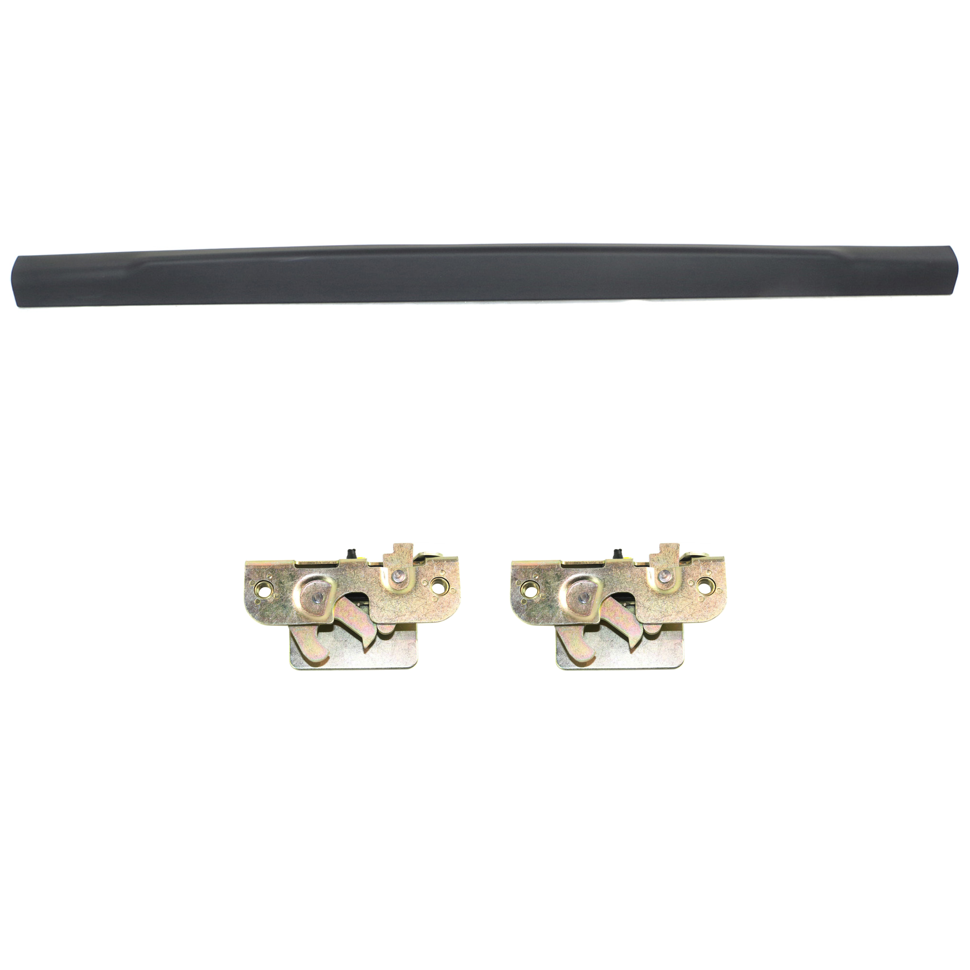 AM F 250 F 350 SUPER DUTY 07-16 TAILGATE MOLDING Upper Black 3 pc Kit with Tailgate Latch SKU KIT 062424 C30 Partslink FO1904104 FO1911102 OEM BC3Z9940602B GC3Z9943150C 3L3Z