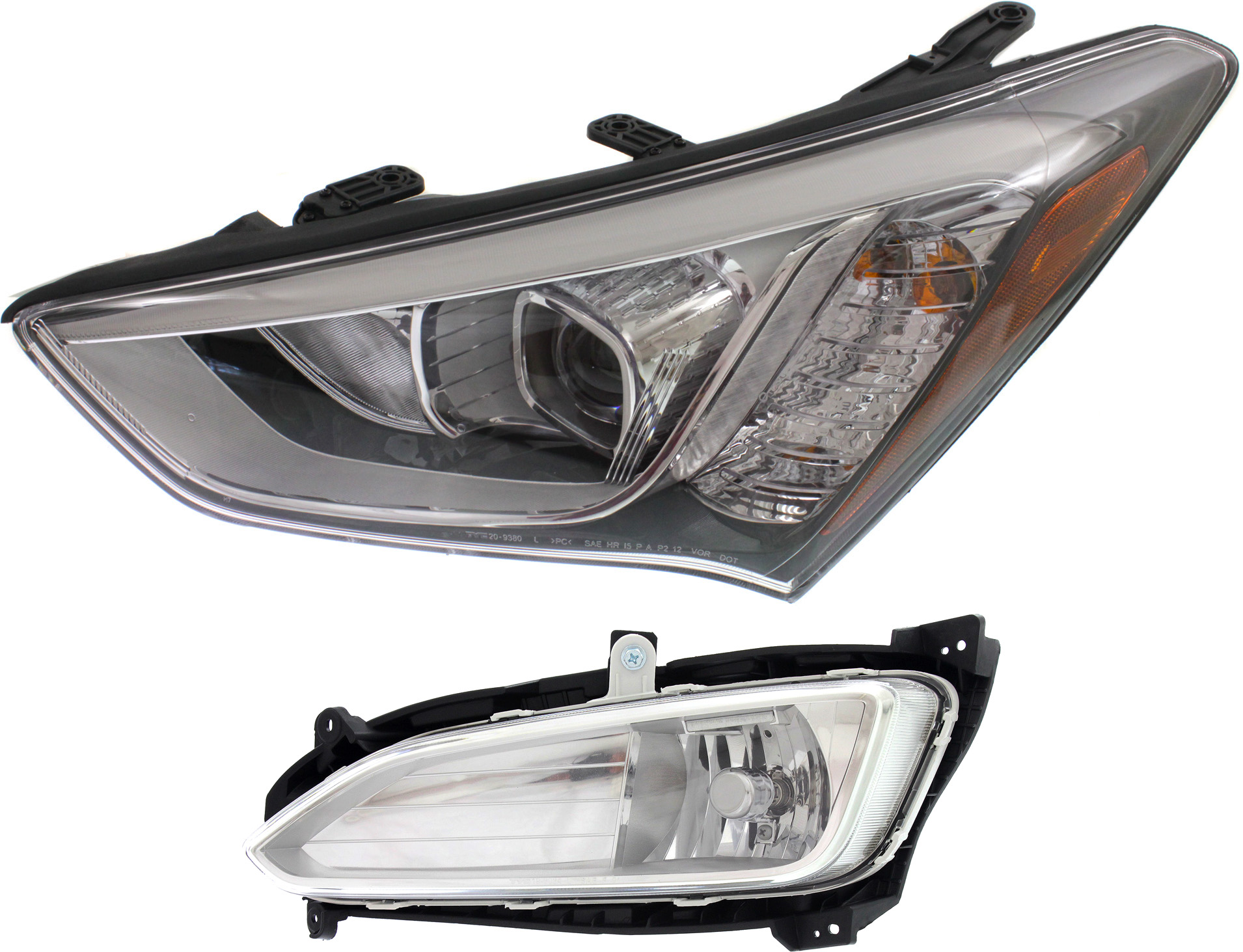 AM SANTA FE SPORT 13-16 HEAD LAMP LH Assembly Halogen 2 pc Kit with Fog Light SKU KIT 062517-07 Partslink HY2502169 HY2592141 OEM 921014Z010-922014Z000