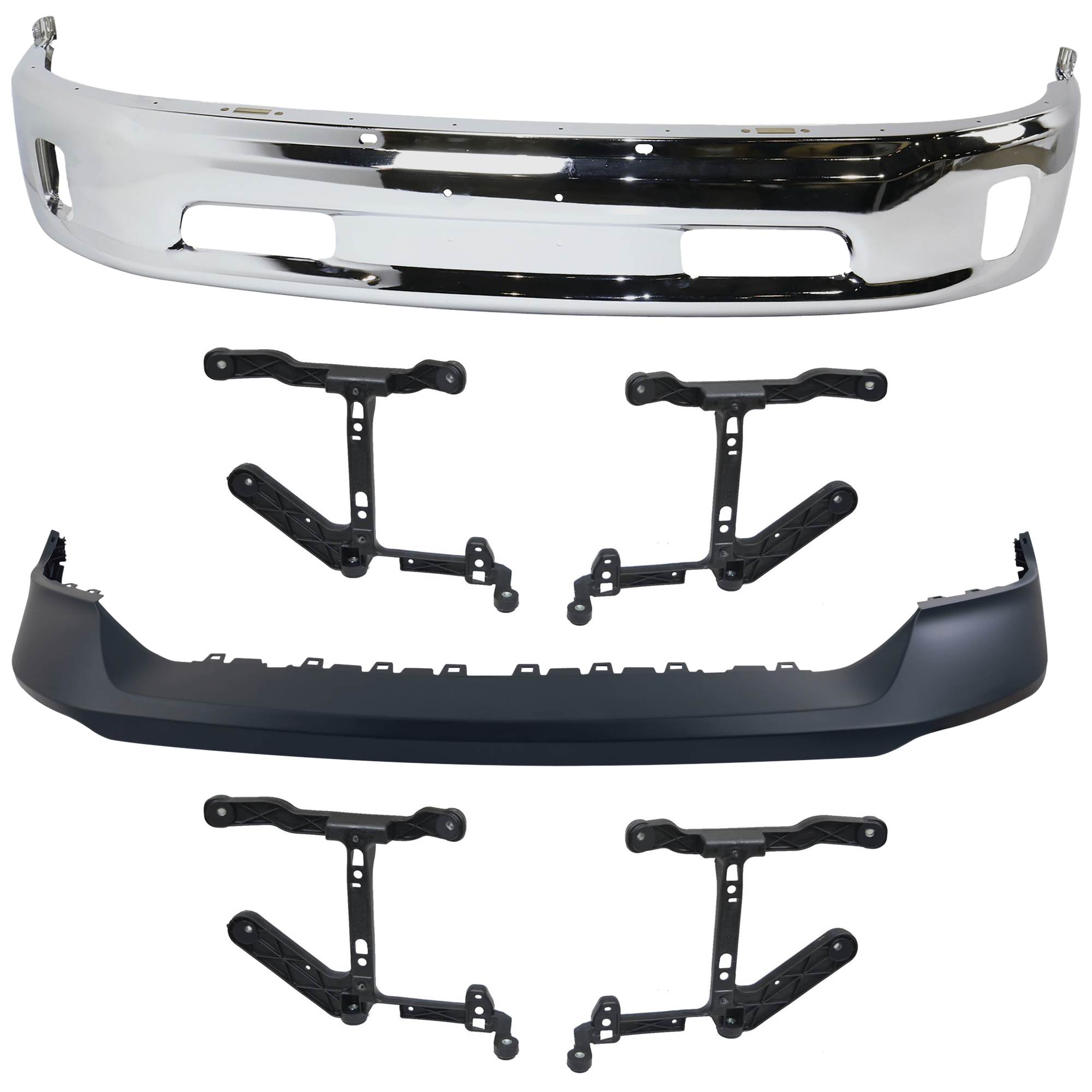 AM RAM 1500-13-18 FRONT BUMPER Lower 3 pc kit Chrome with Bumper Cover and Bumper Bracket Includes 19-24-1500 Classic SKU KIT 062624 C04 Partslink CH1002396 CH1061108 CH1014108 OEM 68160853AB 68232454AA 68197697