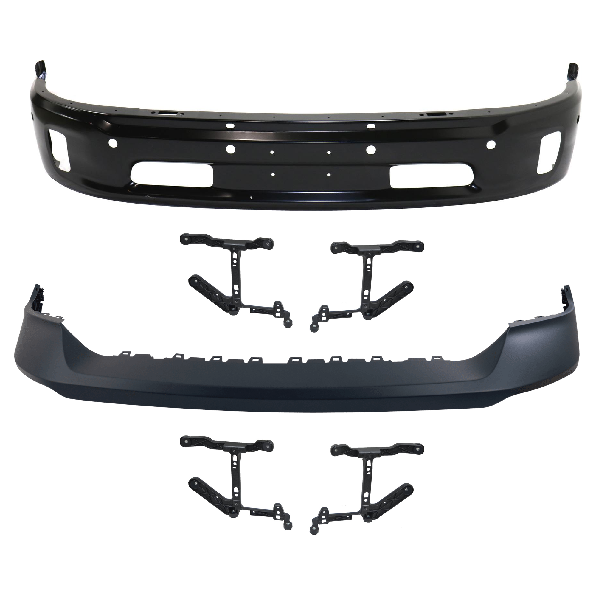 AM RAM 1500-14-18-1500 Classic 19-21 FRONT BUMPER Lower 4 piece kit Black with Bumper Cover and Bumper Bracket SKU KIT 062624 C05 Partslink CH1002400 CH1061108 CH1014108 OEM 68160858AA 68232454AA 68197697