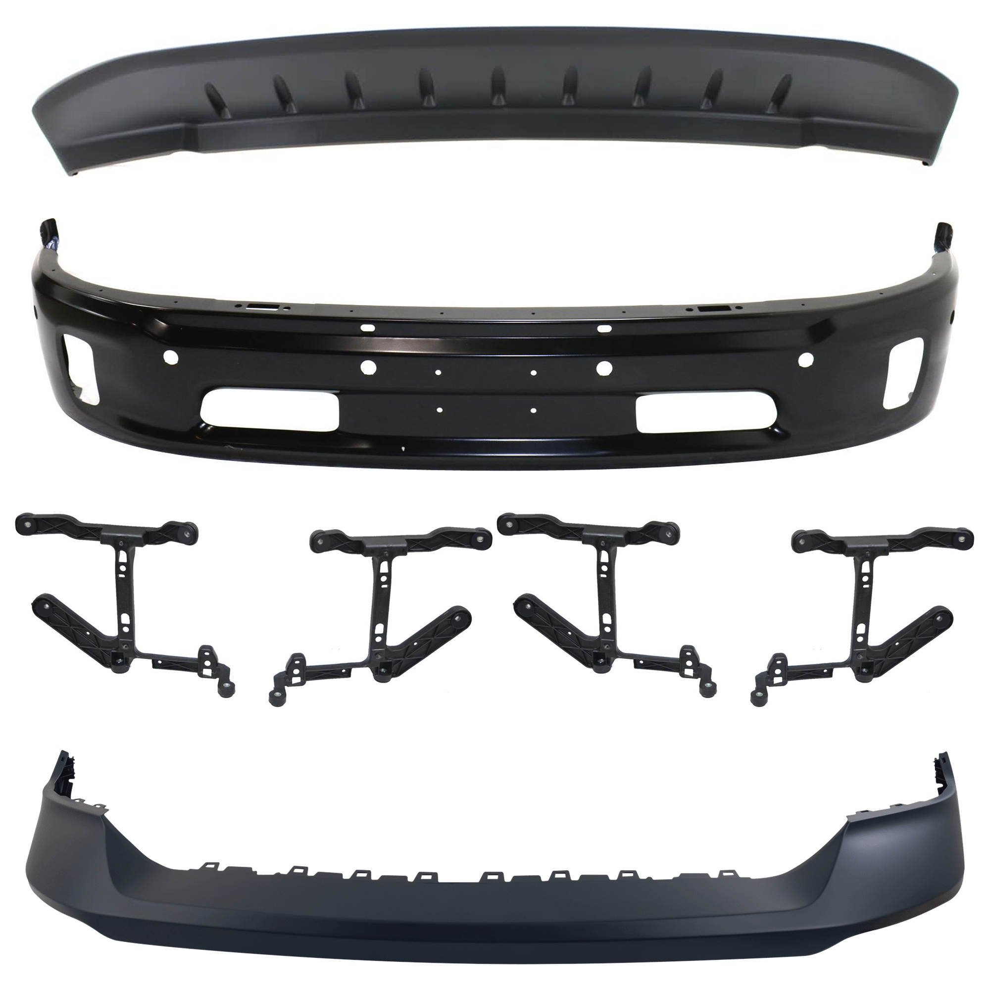AM RAM 1500-14-18-1500 Classic 19-21 FRONT BUMPER Lower 5 piece kit Black w Bumper Bracket Bumper Cover and Valance SKU KIT 062624 C14 Partslink CH1002400 CH1061108 CH1014108 CH1090147 OEM 68160858AA 68232454AA 68197697