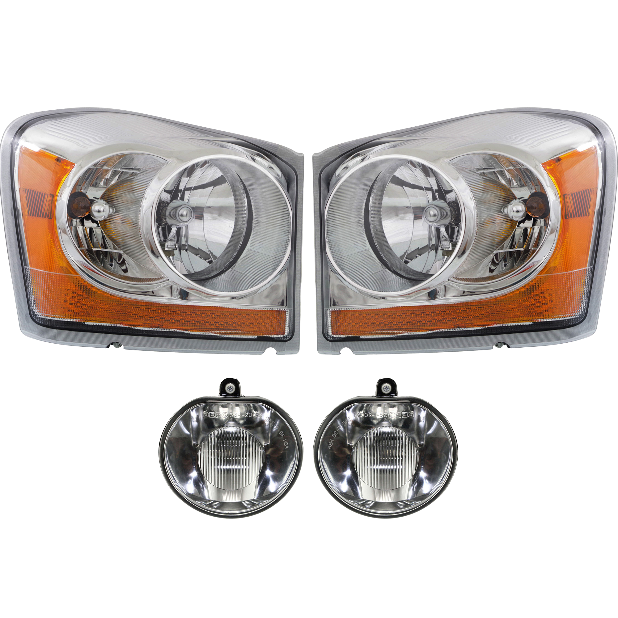 AM DURANGO 04-05 HEAD LAMP RH AND LH Assembly Halogen 4 pc Kit with Fog Lights SKU KIT 062717-61 Partslink CH2503147 CH2502147 CH2592127 OEM 55077720AD 55077721AD 55077470
