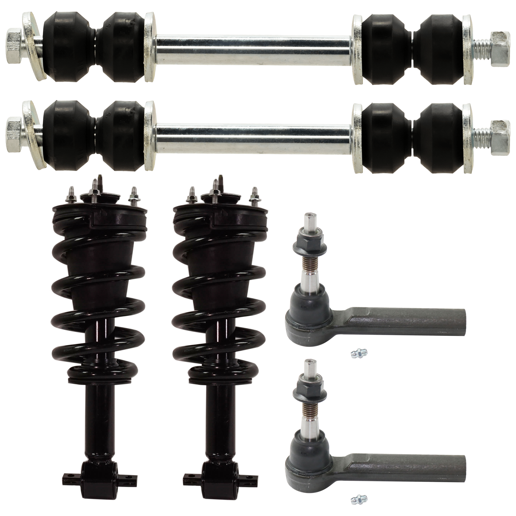 AM SIERRA SILVERADO 1500-14-16 FRONT FULLY LOADED STRUT RH AND LH 6 pc kit with Sway Bar Link and Tie Rod End SKU KIT 062724 C126 OEM 23338839-23183876-710413-84