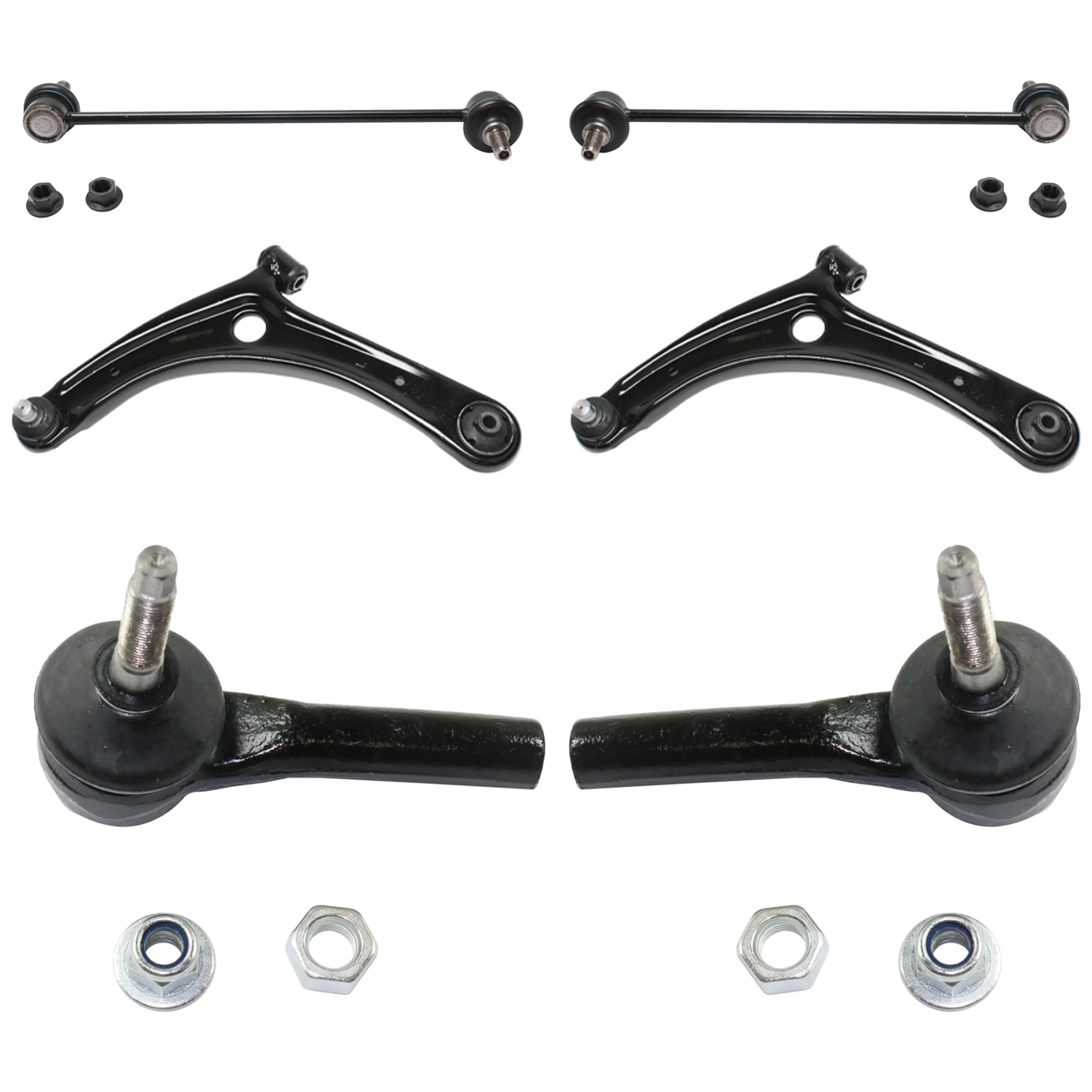 AM COMPASS PATRIOT 07-17 FRONT CONTROL ARM RH AND LH Lower 6 pc kit with Sway Bar Link and Tie Rod End SKU KIT 062724 C131 OEM 5105040AI 5105041AI 5174185AC