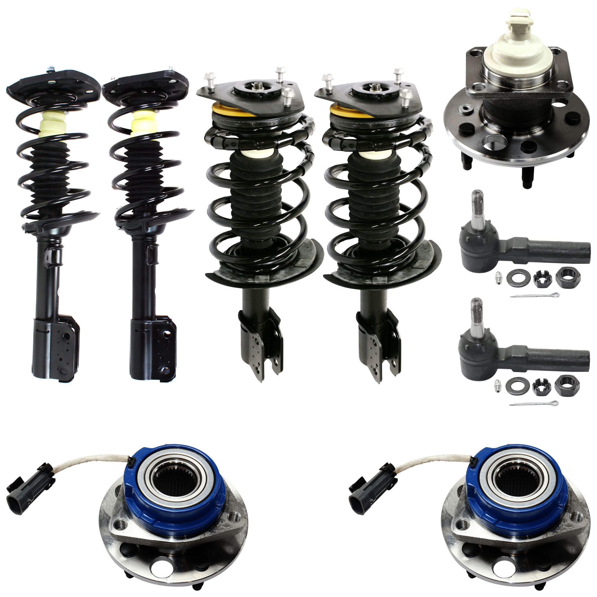 AM REGAL 97-04 CENTURY 04-05 FRONT AND REAR LOADED STRUT RH AND LH Gas Charged Twin tube 10 pc kit with Tie Rod End and Wheel Hub SKU KIT 062724 C88 OEM 22064733-22064734-22064735-220
