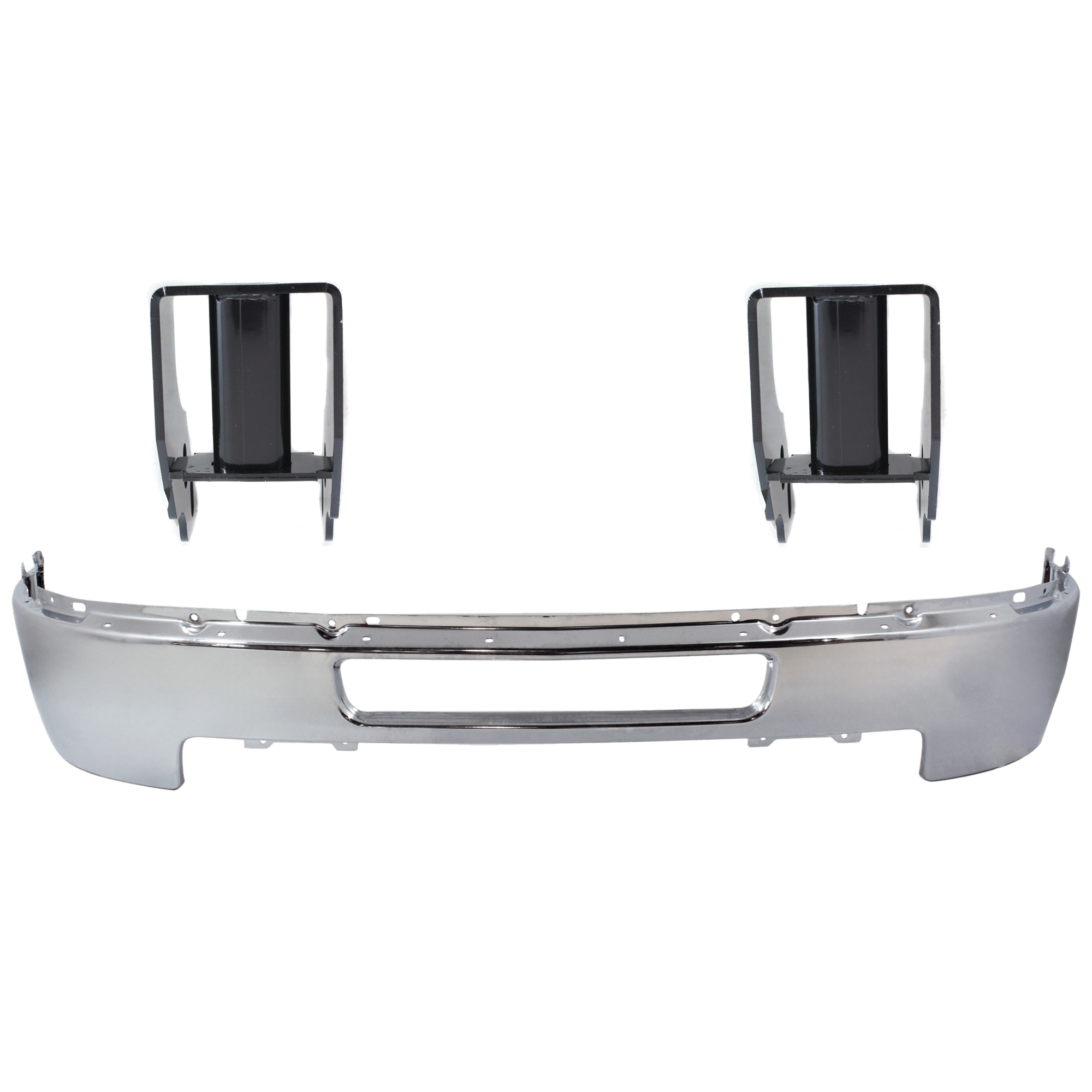 AM SILVERADO 2500 HD 3500 HD 11-14 FRONT BUMPER 3 pc kit Chrome Impact Bar w o Fog Light Holes with Bumper Bracket SKU KIT 062724 C89 Partslink GM1002838 GM1066195 OEM 25832522-20966182