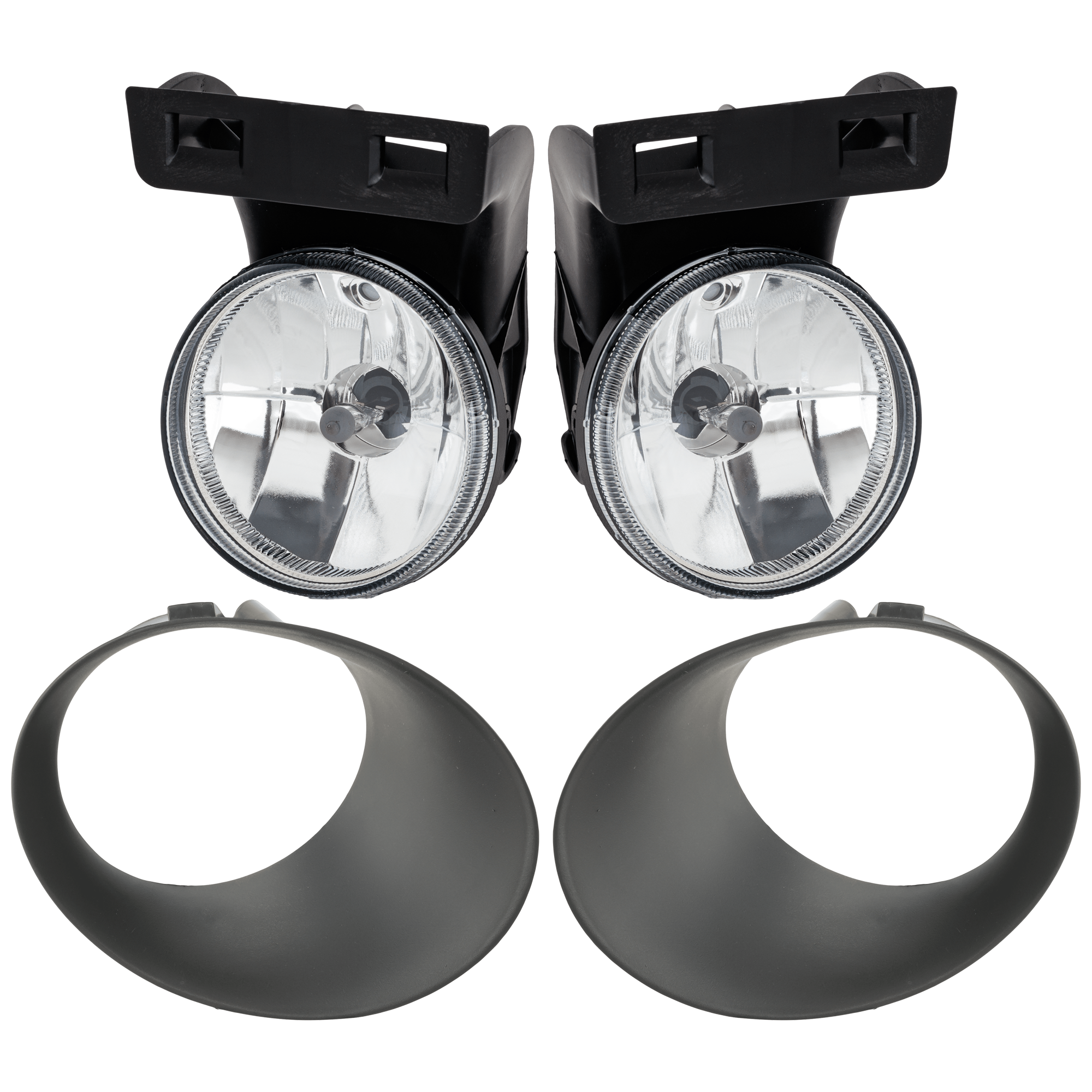 AM RAM 1500-02-02 FRONT FOG LAMP RH AND LH 4 pc Kit Assembly Halogen with Fog Light Trim SKU KIT 062726-18 Partslink CH2592120 CH2593120 CH2599101 CH2598101 OEM 55076940AB PFM 55076941AB PFM