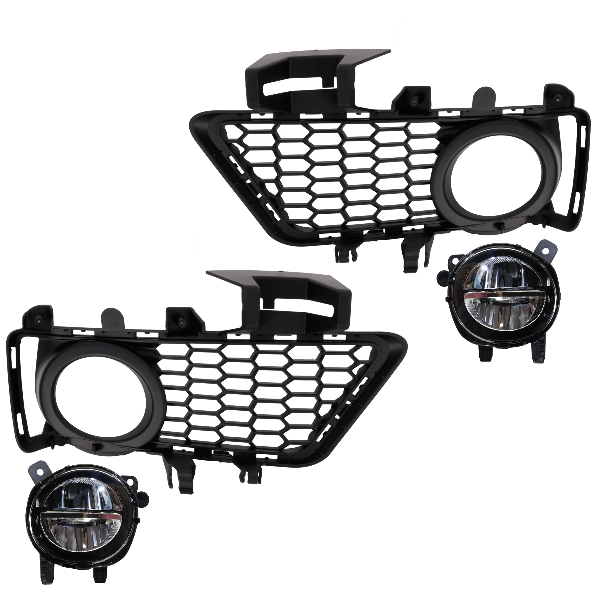 AM 3 SERIES 16-19 FRONT FOG LAMP RH AND LH 4 pc Kit Assembly LED with Fog Light Trim SKU KIT 062726-27 Partslink BM2592153 BM2593153 BM1039164 BM1038164 OEM 63177315559-63177315560-511180