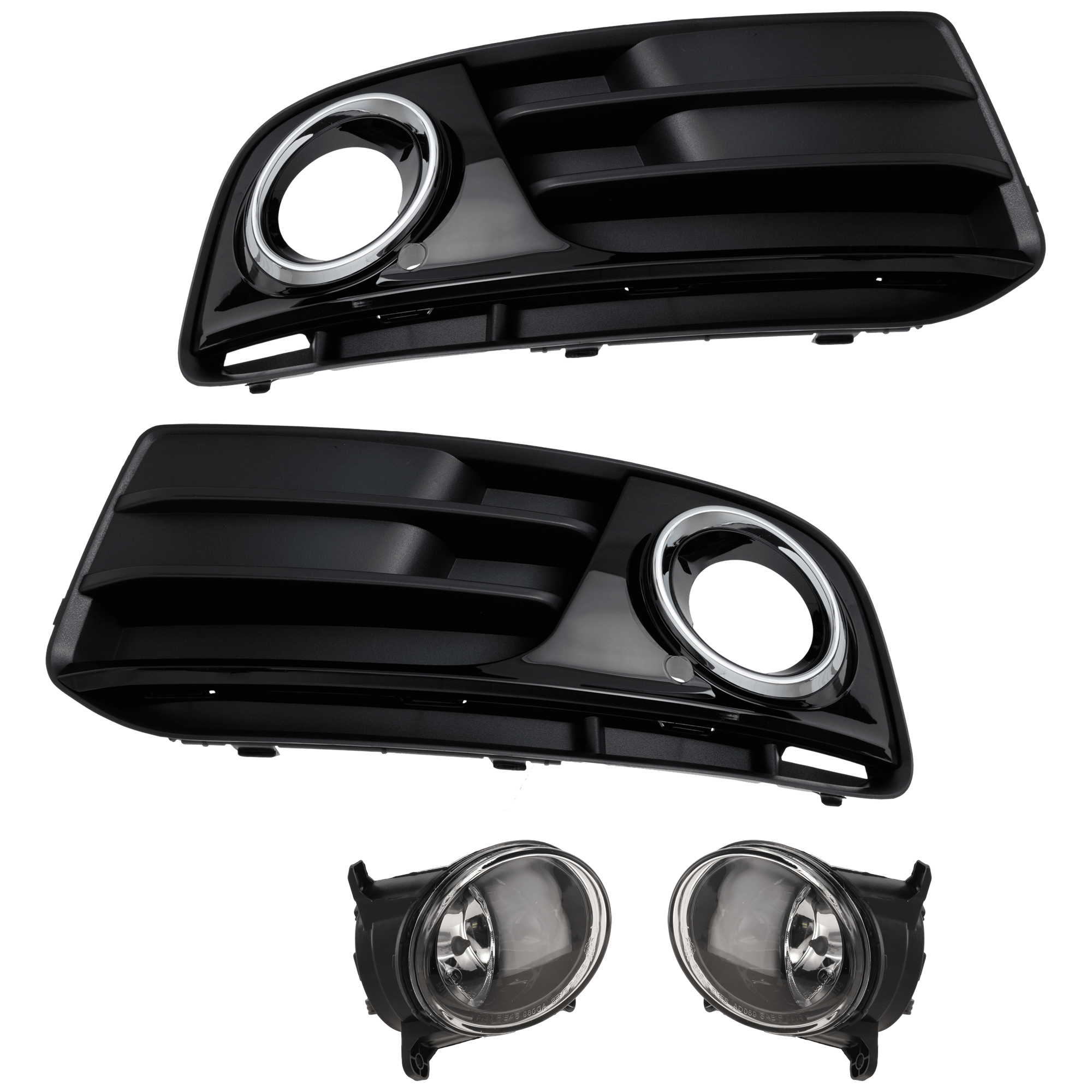 AM Q5-13-16 FRONT FOG LAMP RH AND LH 4 pc Kit Assembly Halogen with Fog Light Trim SKU KIT 062726-52 Partslink AU2592115 AU2593115 AU1039123 AU1038123 OEM 8T0941699J 8T0941700J 8R080768