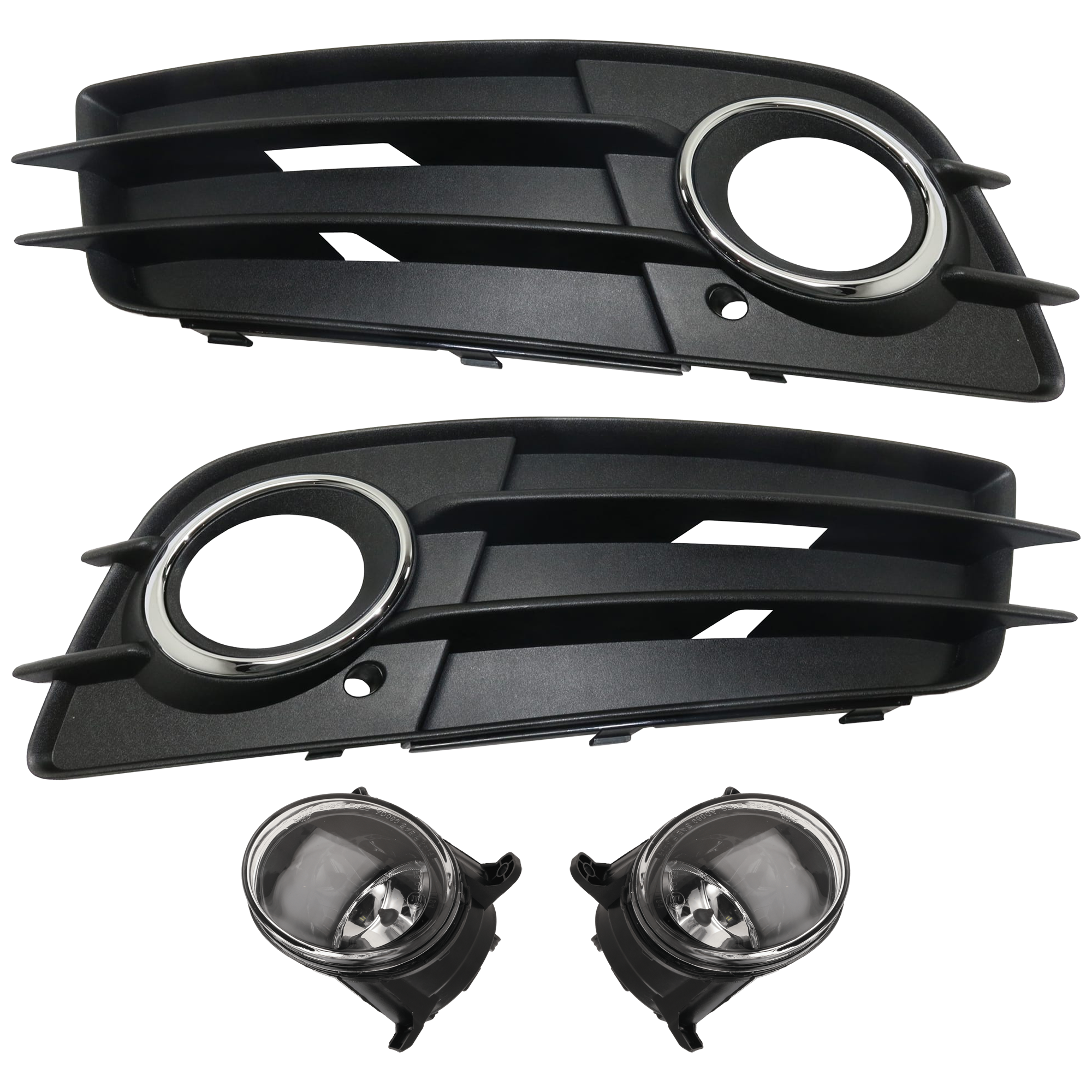 AM A4 S4-09-12 FRONT FOG LAMP RH AND LH 4 pc Kit Assembly Halogen with Fog Light Trim SKU KIT 062726-53 Partslink AU2592115 AU2593115 AU1039130 AU1038130 OEM 8T0941699J 8T0941700J 8K080768